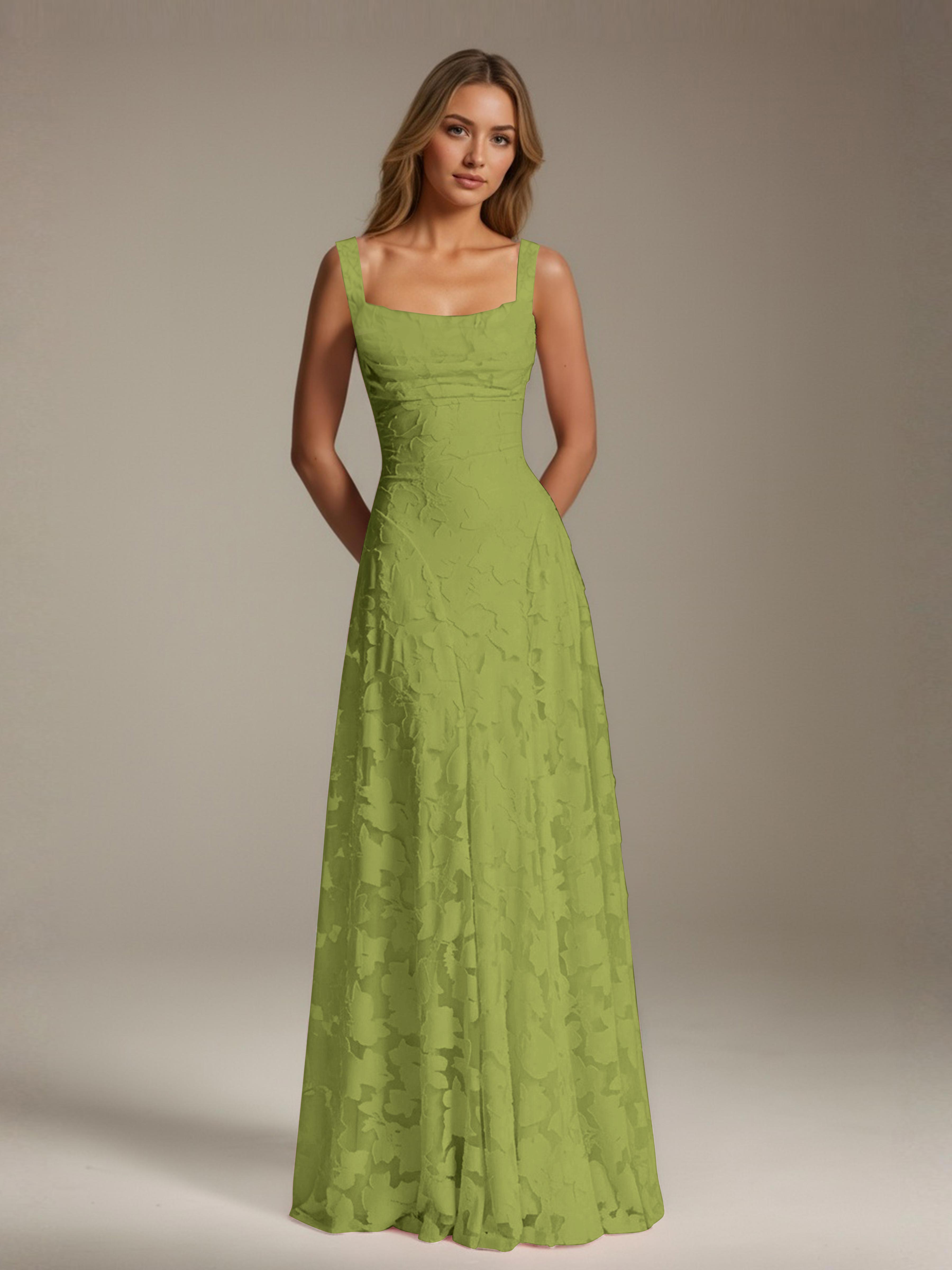 Robe de soirée A-line dentelle plissée col carré longueur sol