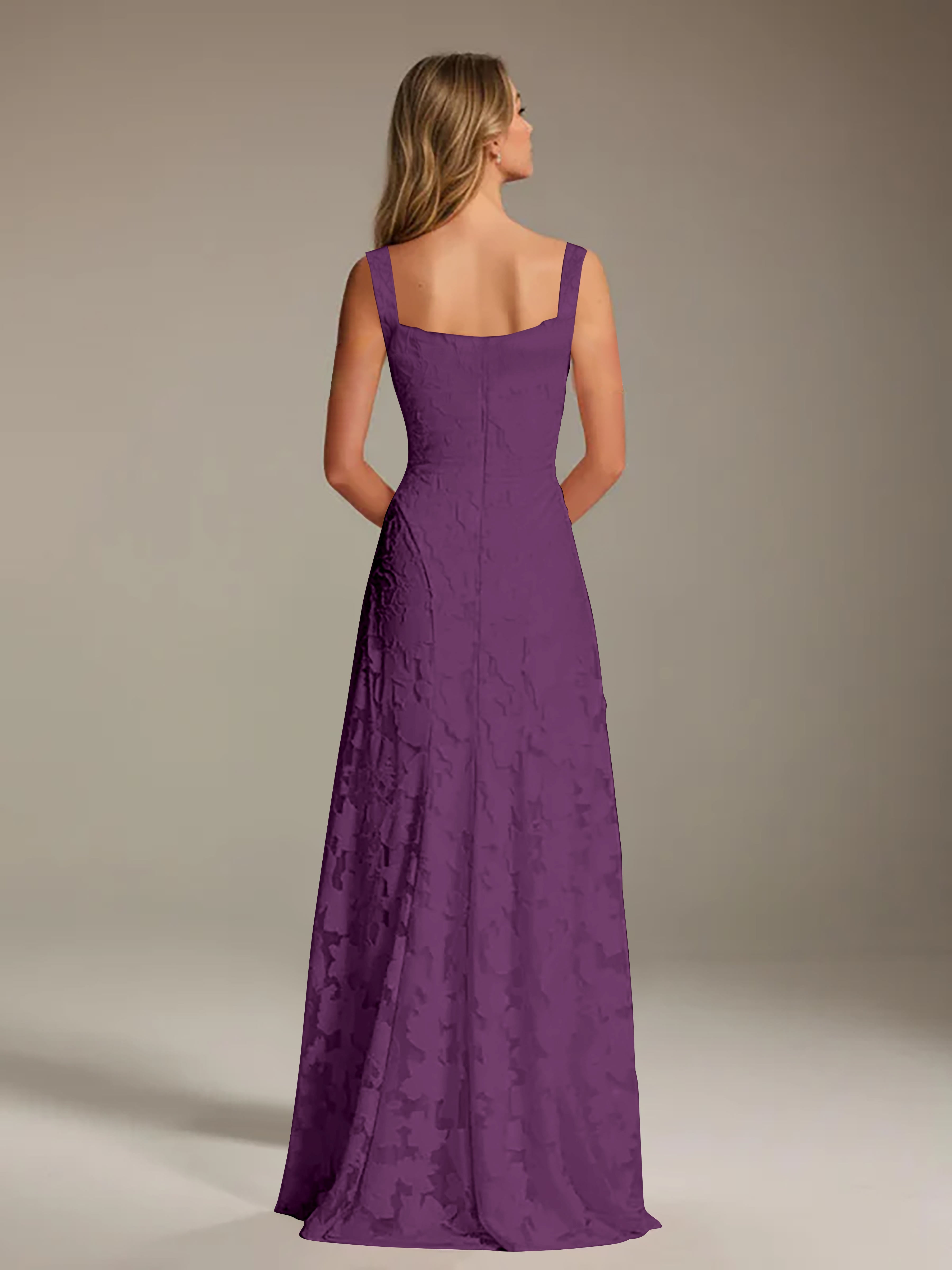Robe de soirée A-line dentelle plissée col carré longueur sol