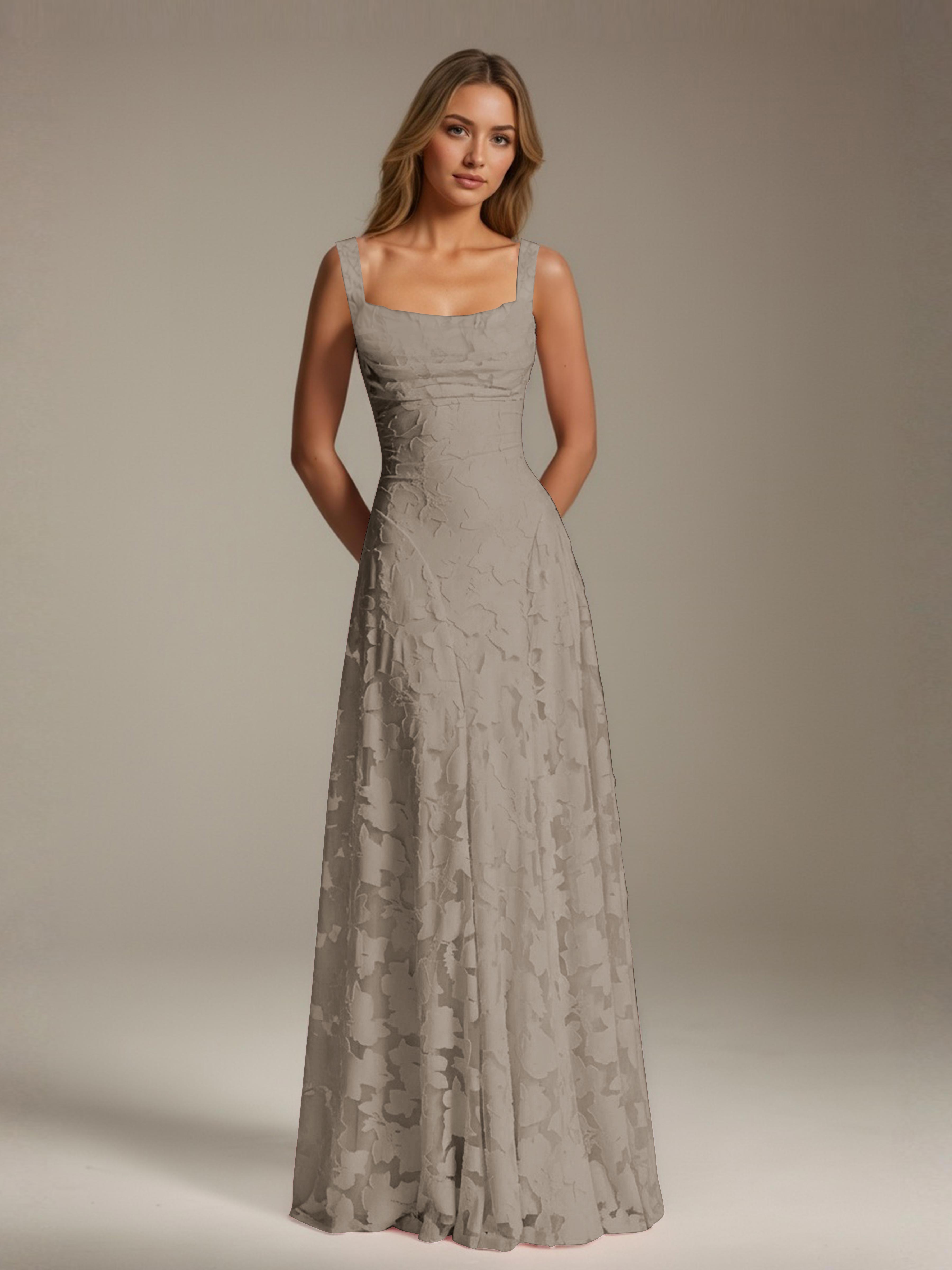 Robe de soirée A-line dentelle plissée col carré longueur sol