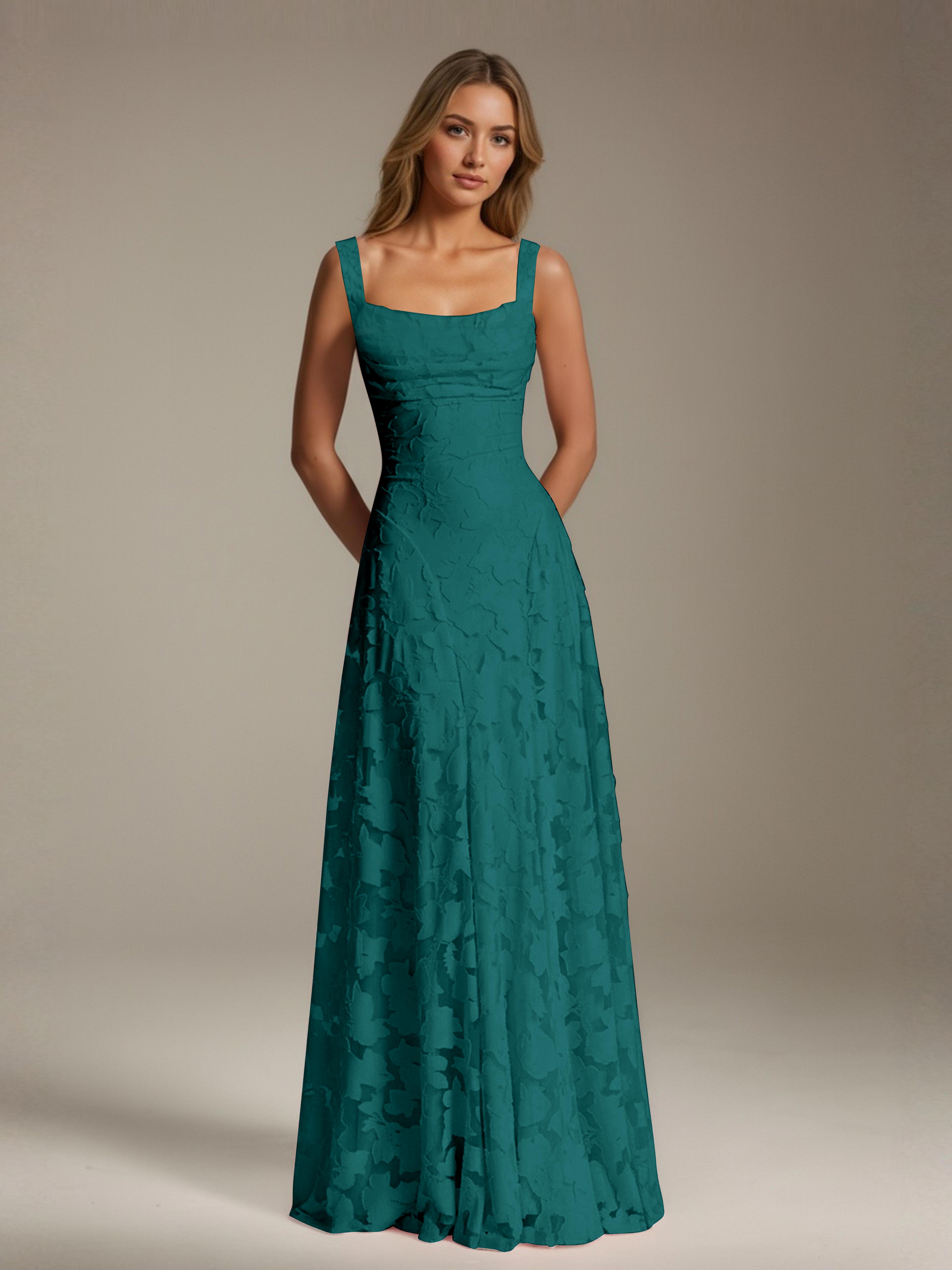 Robe de soirée A-line dentelle plissée col carré longueur sol