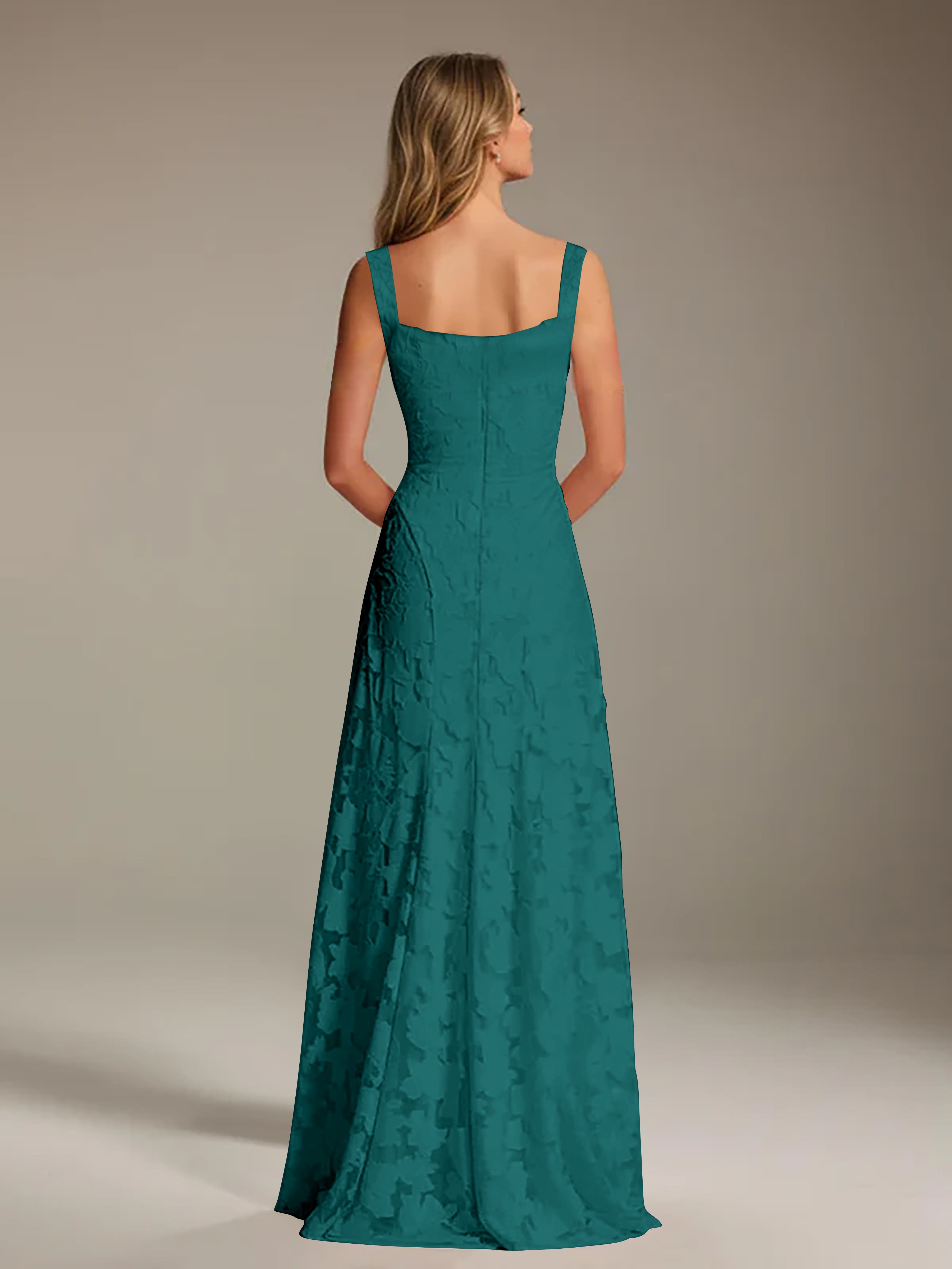 Robe de soirée A-line dentelle plissée col carré longueur sol
