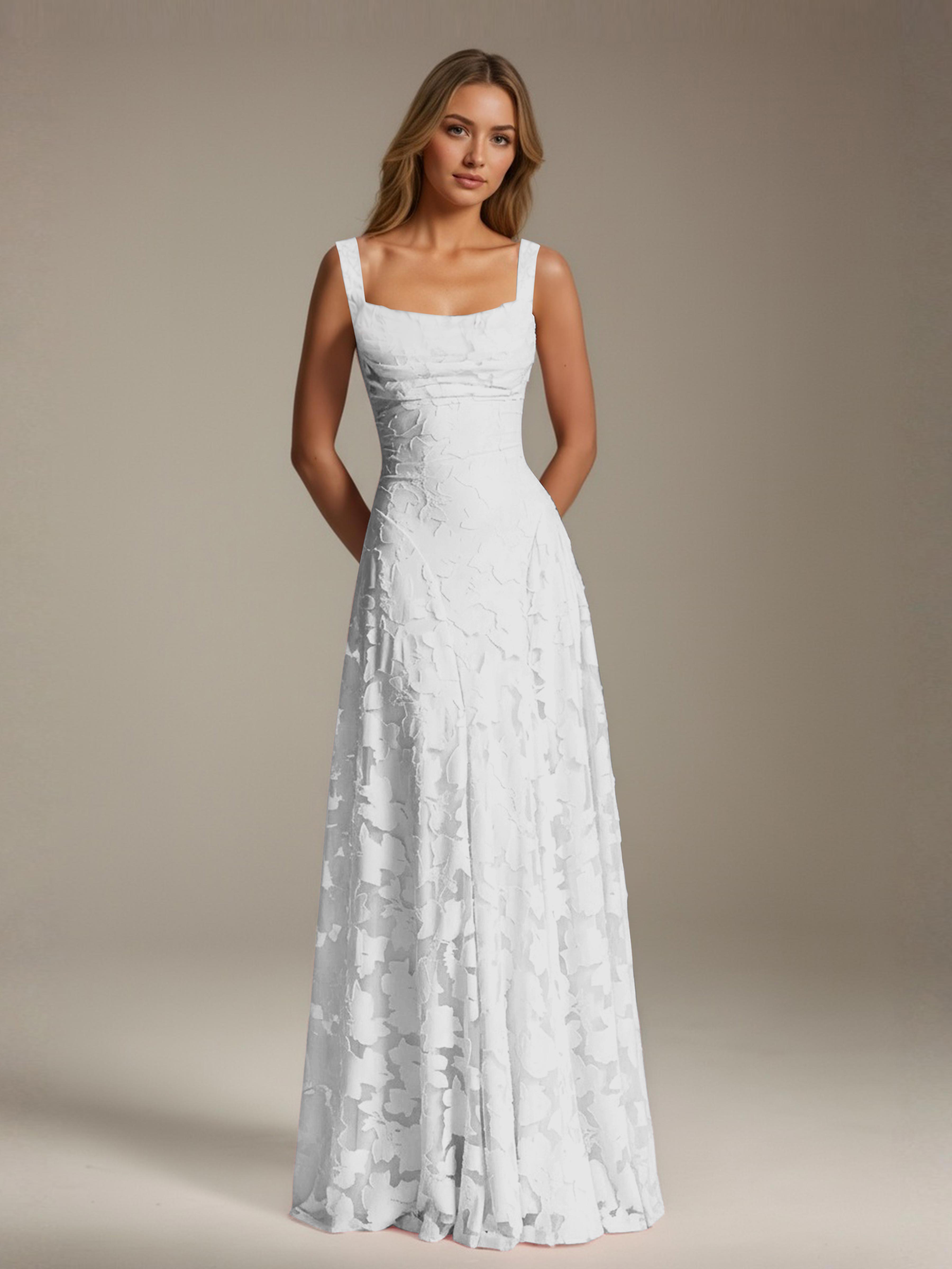 Robe de soirée A-line dentelle plissée col carré longueur sol
