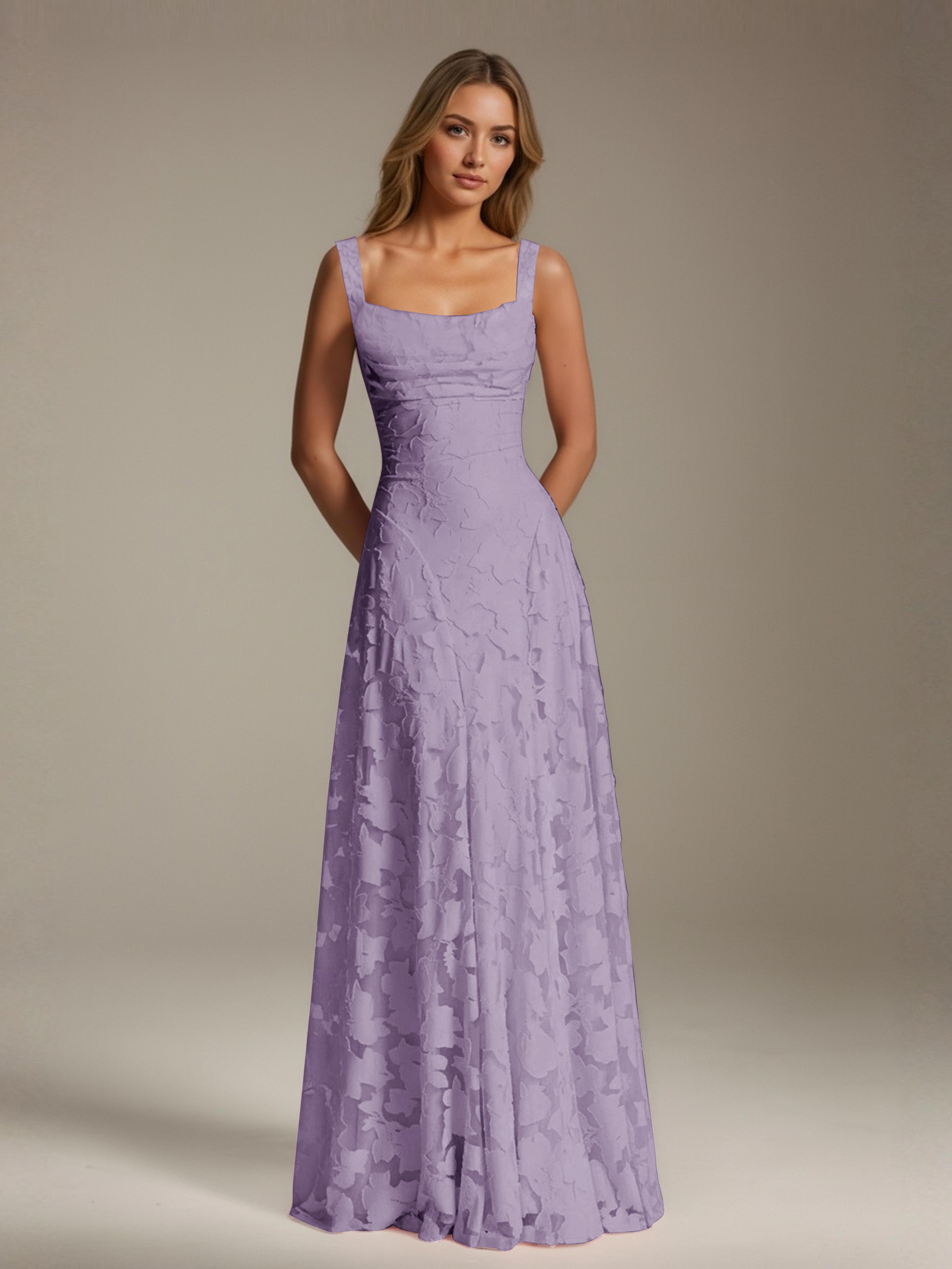 Robe de soirée A-line dentelle plissée col carré longueur sol