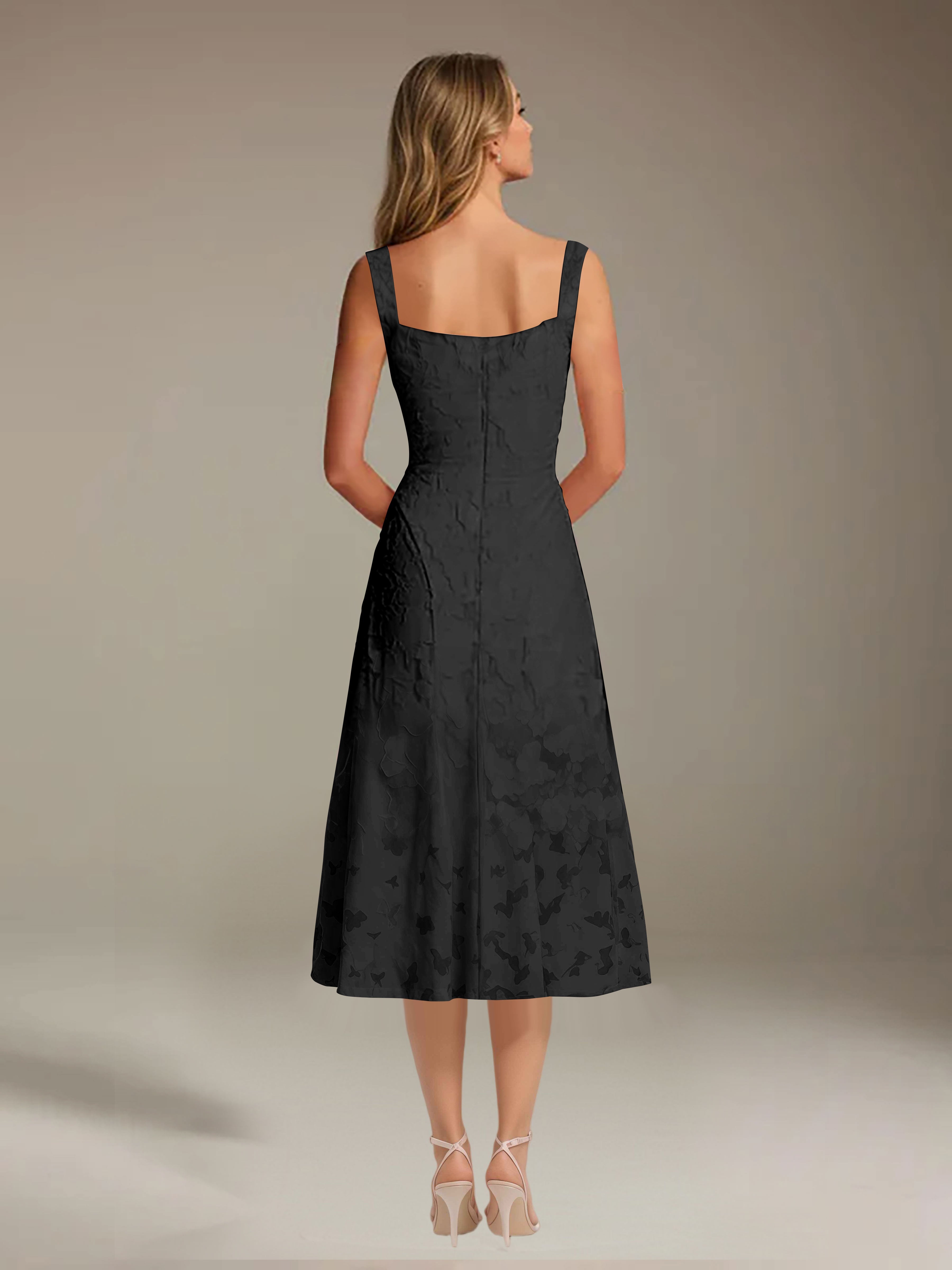Robe de cérémonie A-line dentelle florale col carré longueur thé