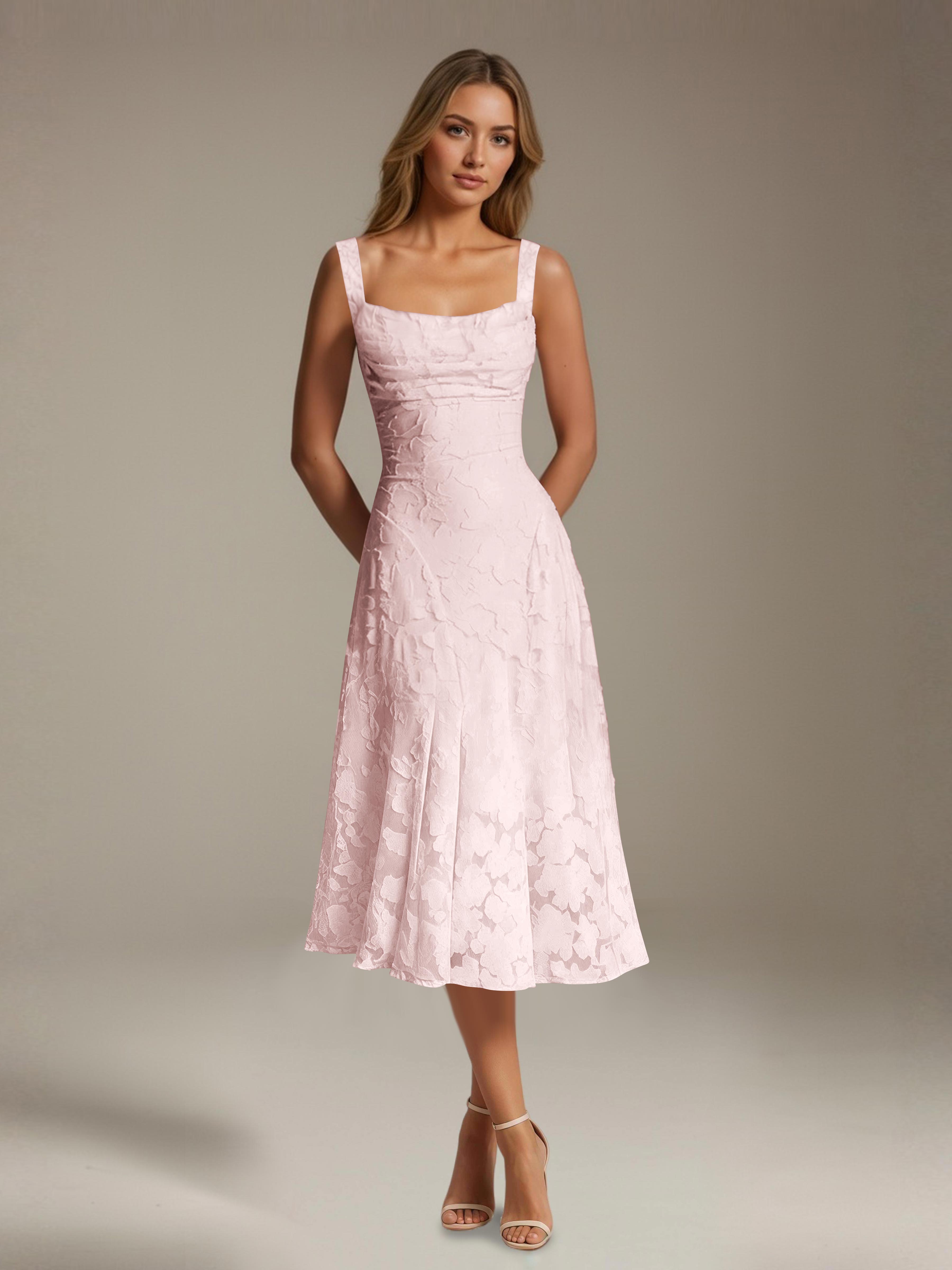 Robe de cérémonie A-line dentelle florale col carré longueur thé