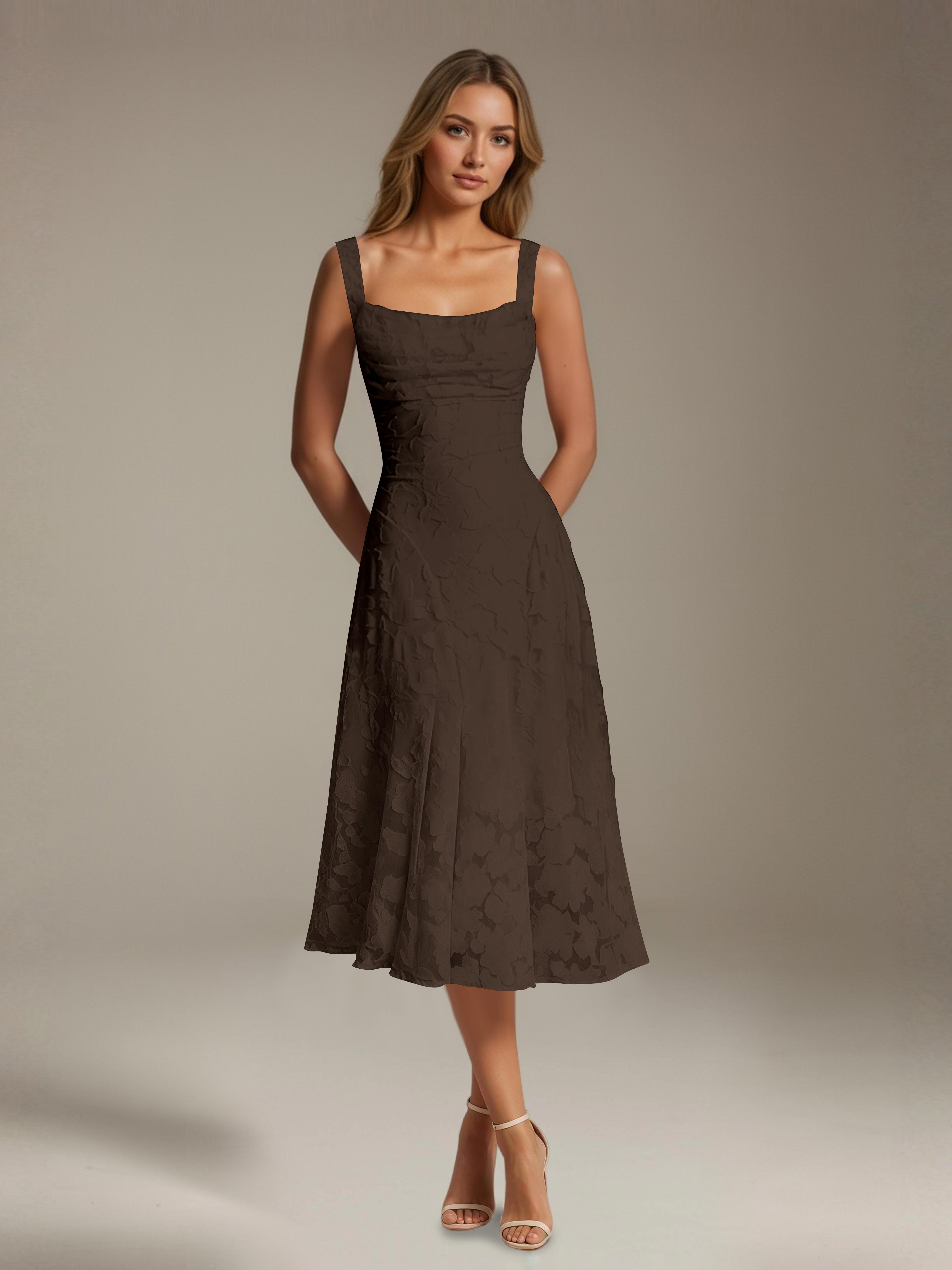 Robe de cérémonie A-line dentelle florale col carré longueur thé