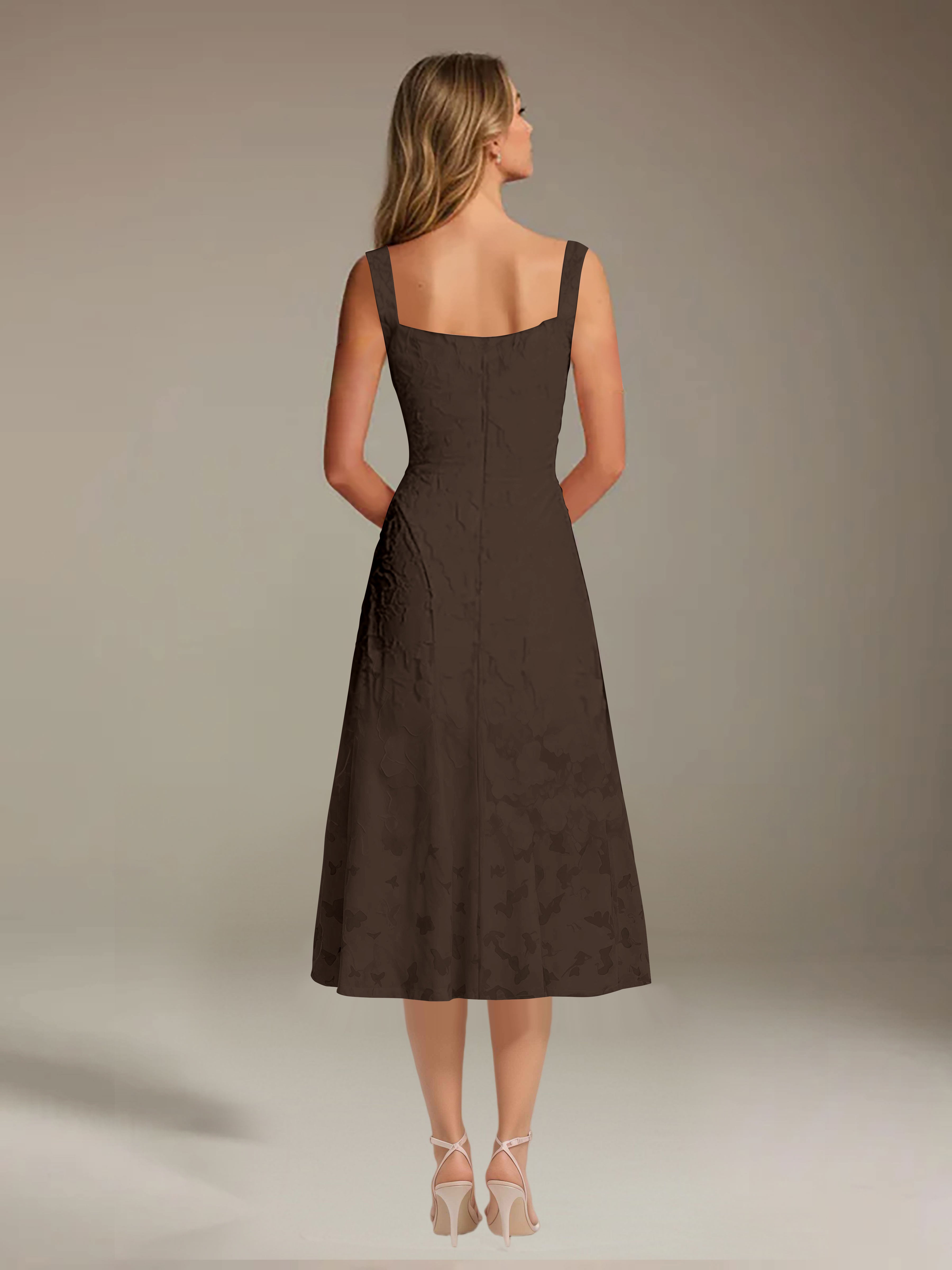 Robe de cérémonie A-line dentelle florale col carré longueur thé