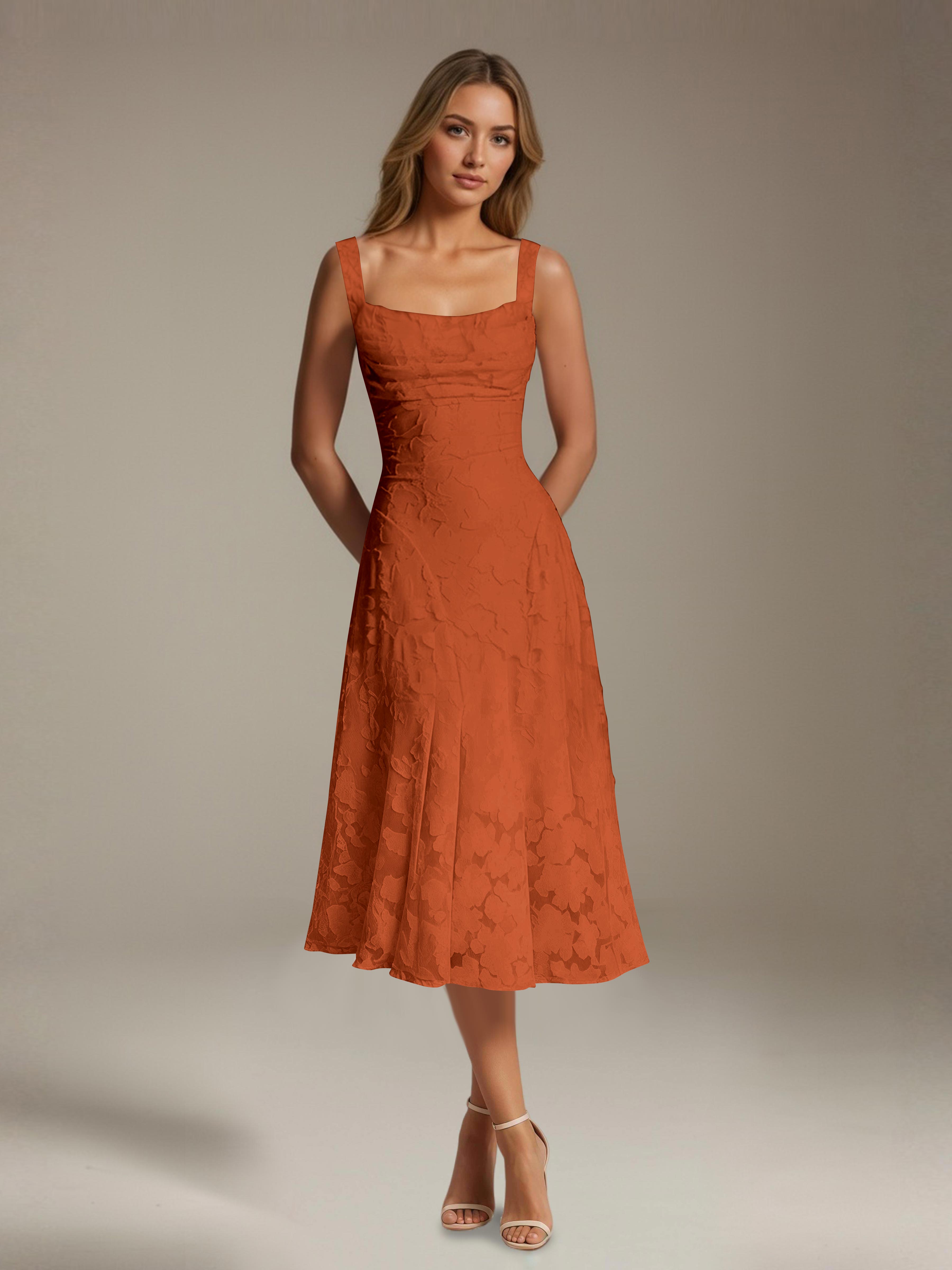 Robe de cérémonie A-line dentelle florale col carré longueur thé