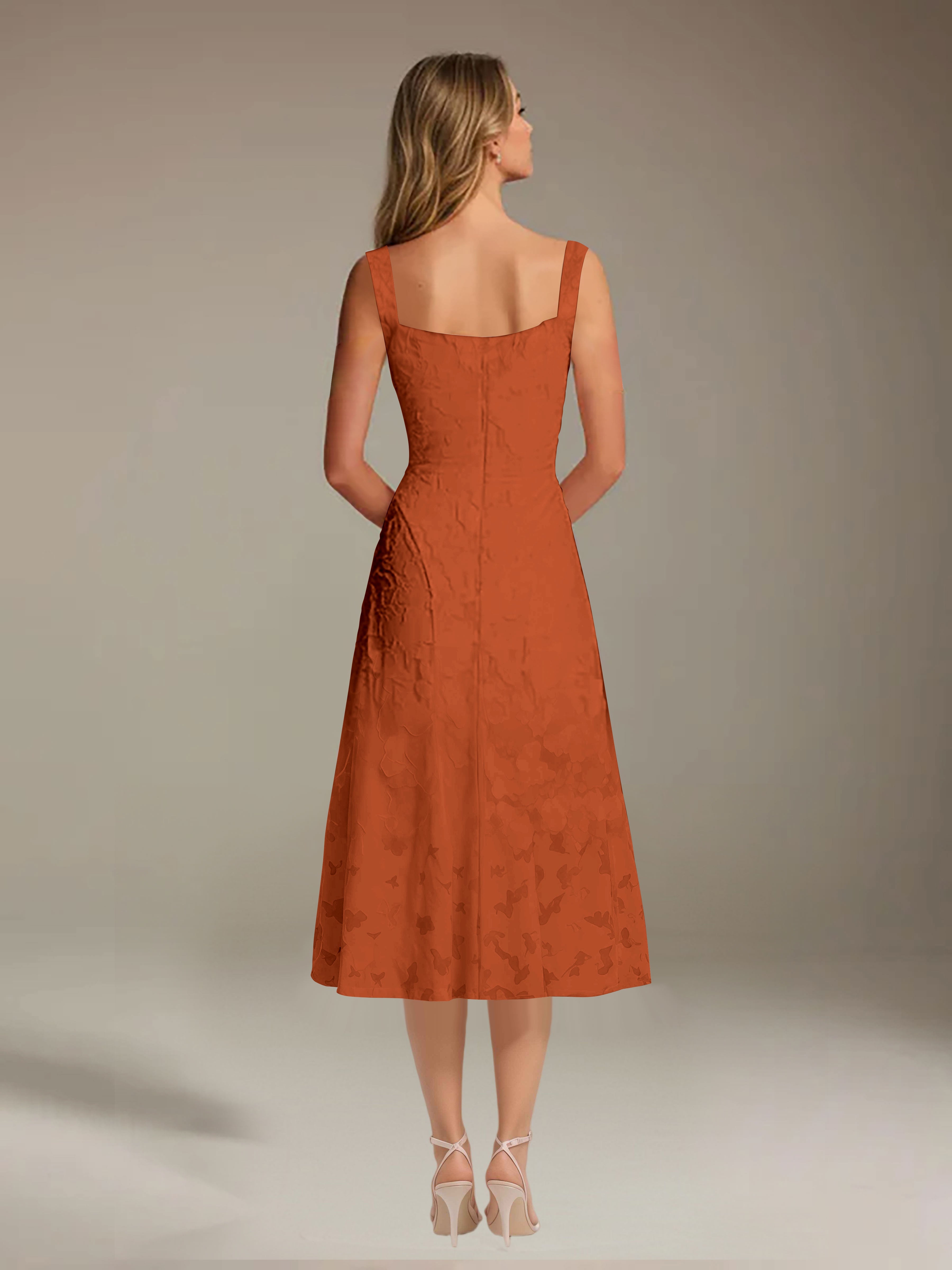 Robe de cérémonie A-line dentelle florale col carré longueur thé