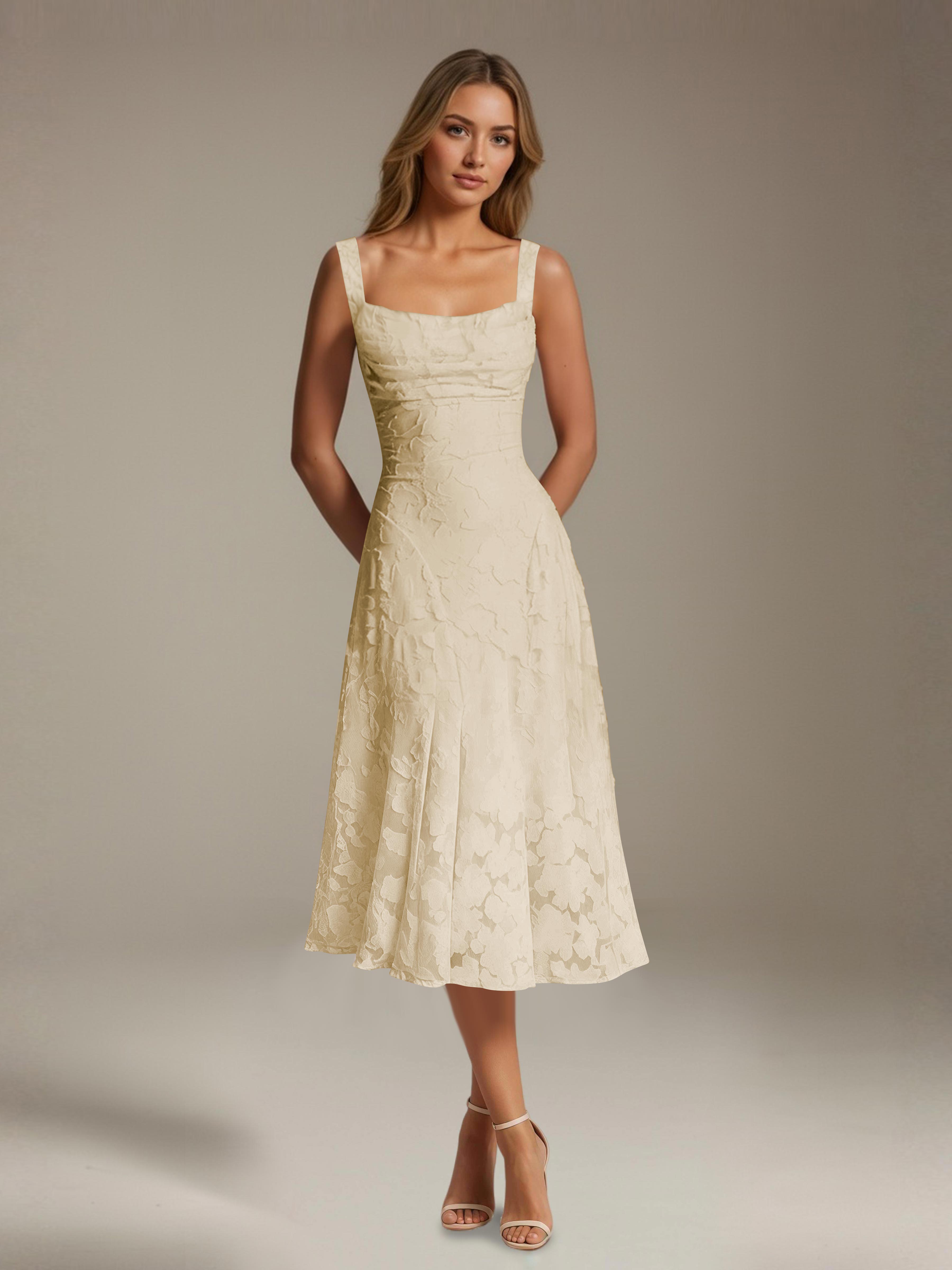 Robe de cérémonie A-line dentelle florale col carré longueur thé