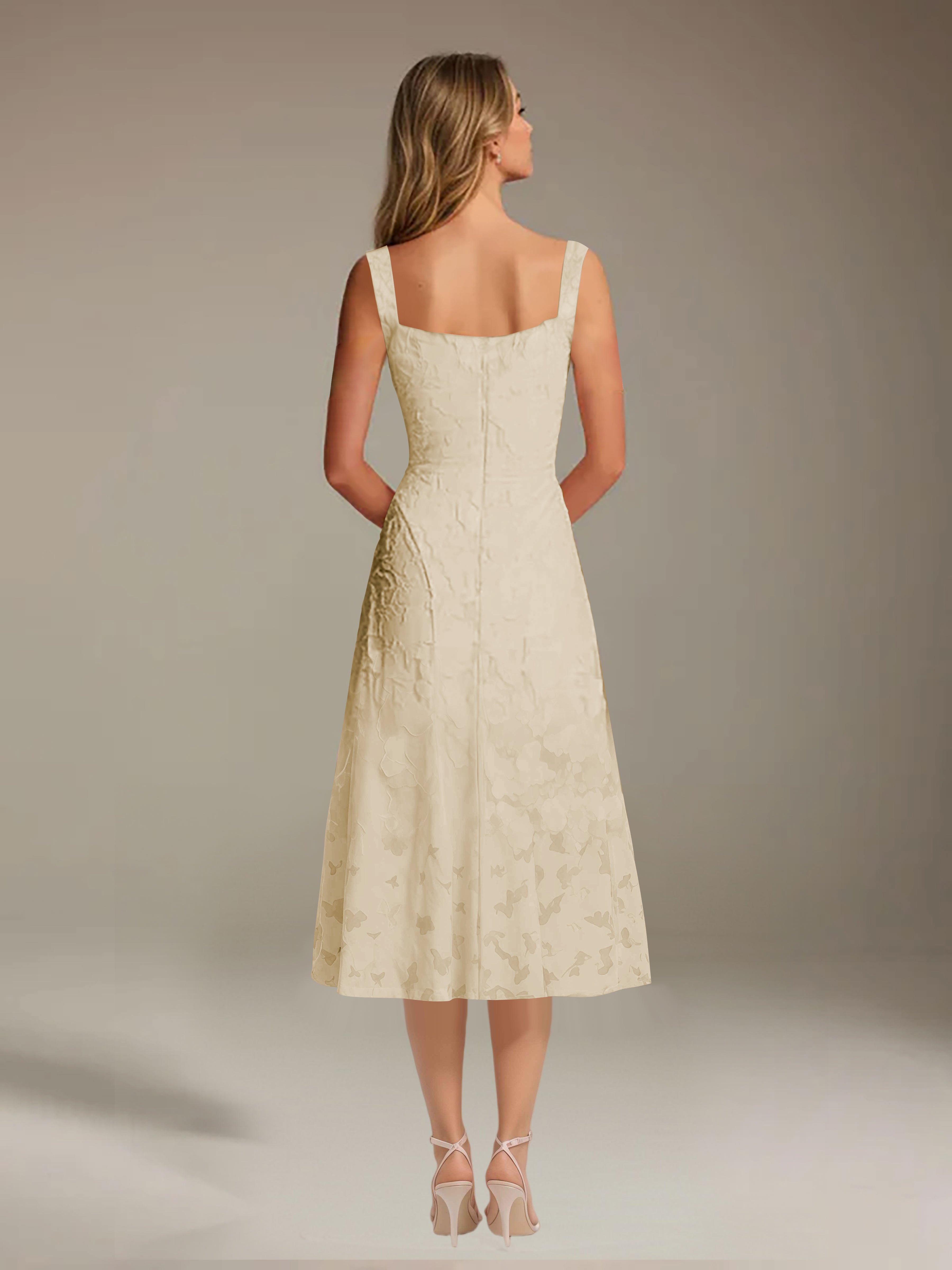 Robe de cérémonie A-line dentelle florale col carré longueur thé