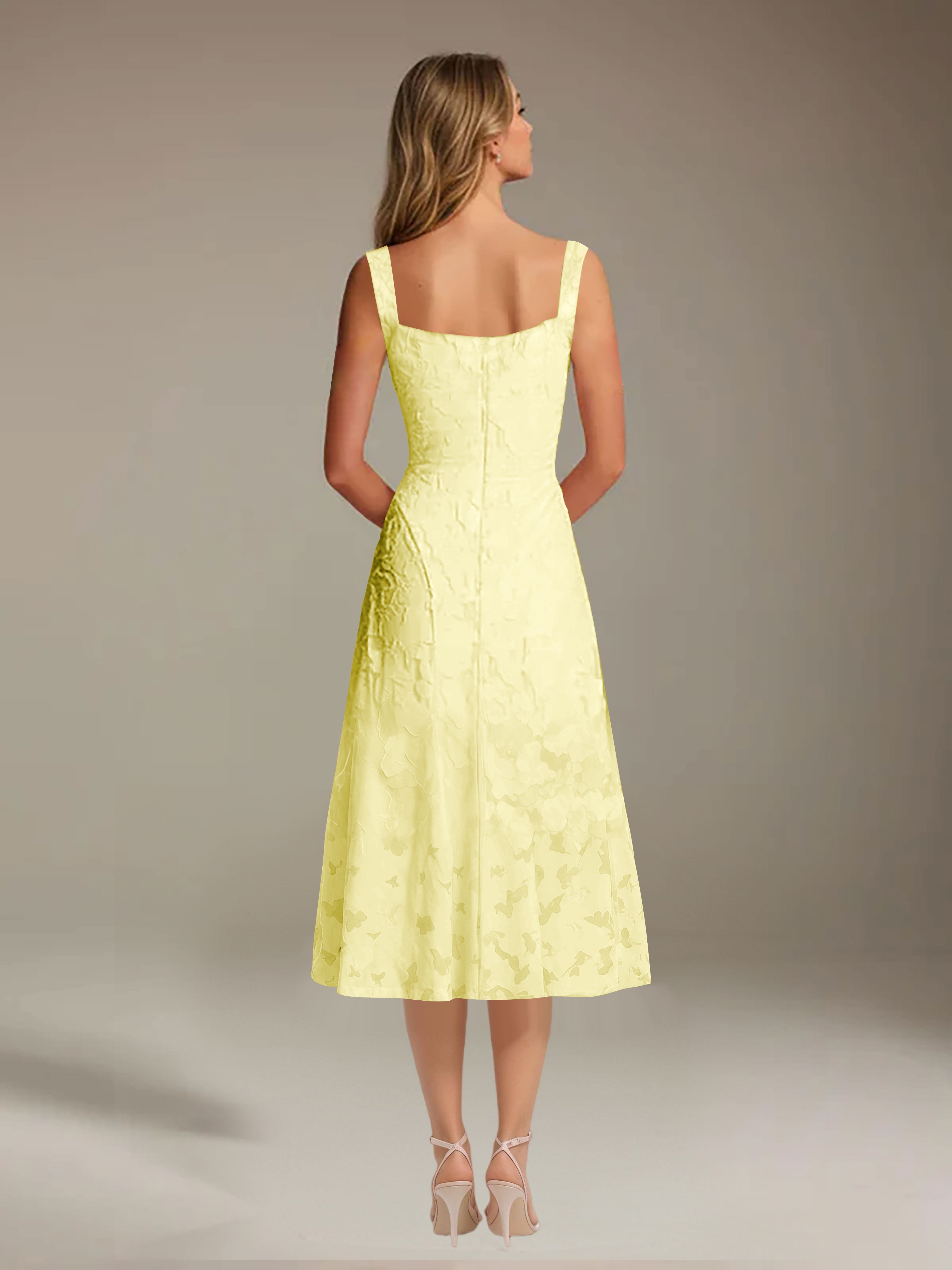 Robe de cérémonie A-line dentelle florale col carré longueur thé