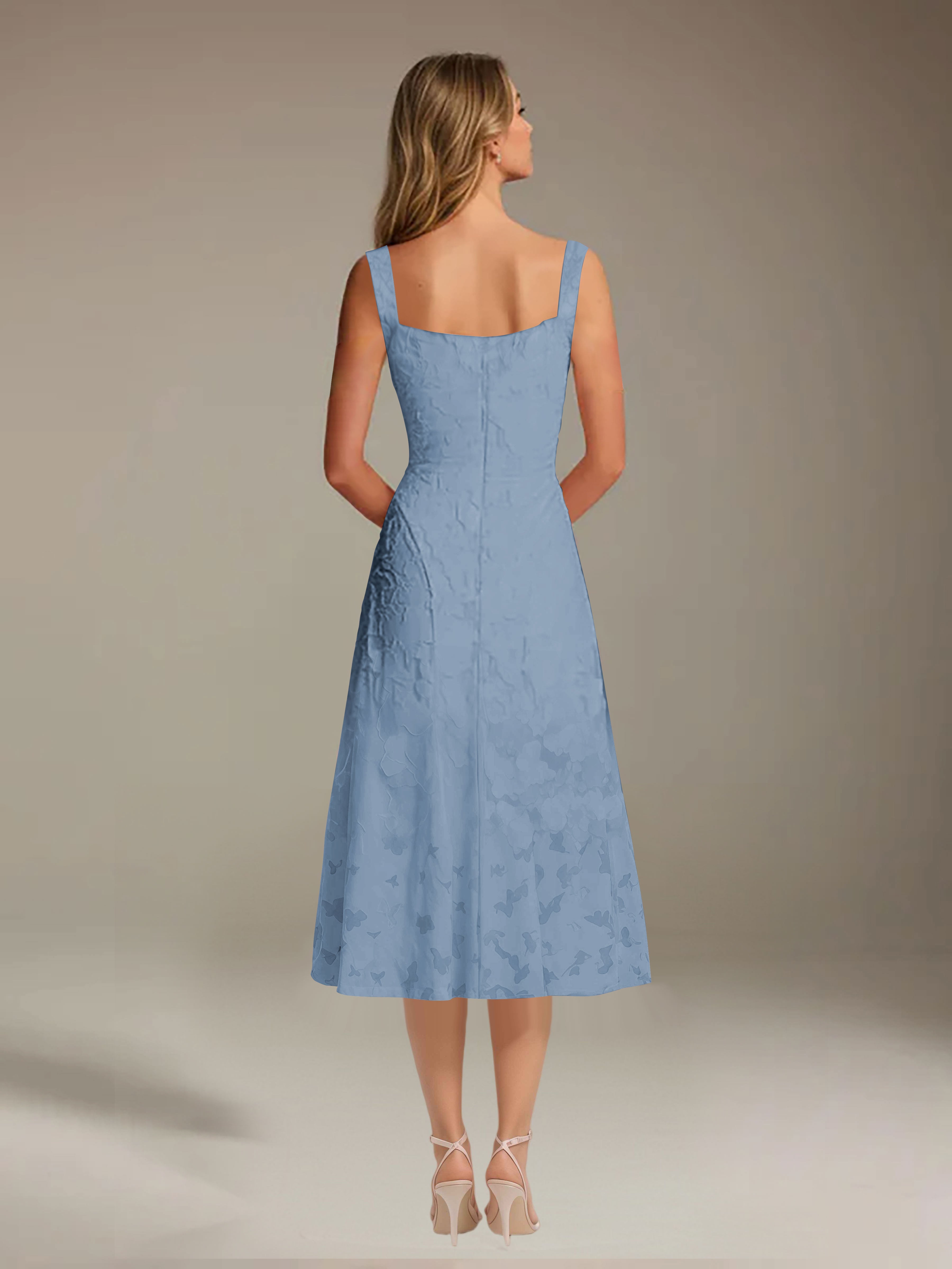 Robe de cérémonie A-line dentelle florale col carré longueur thé