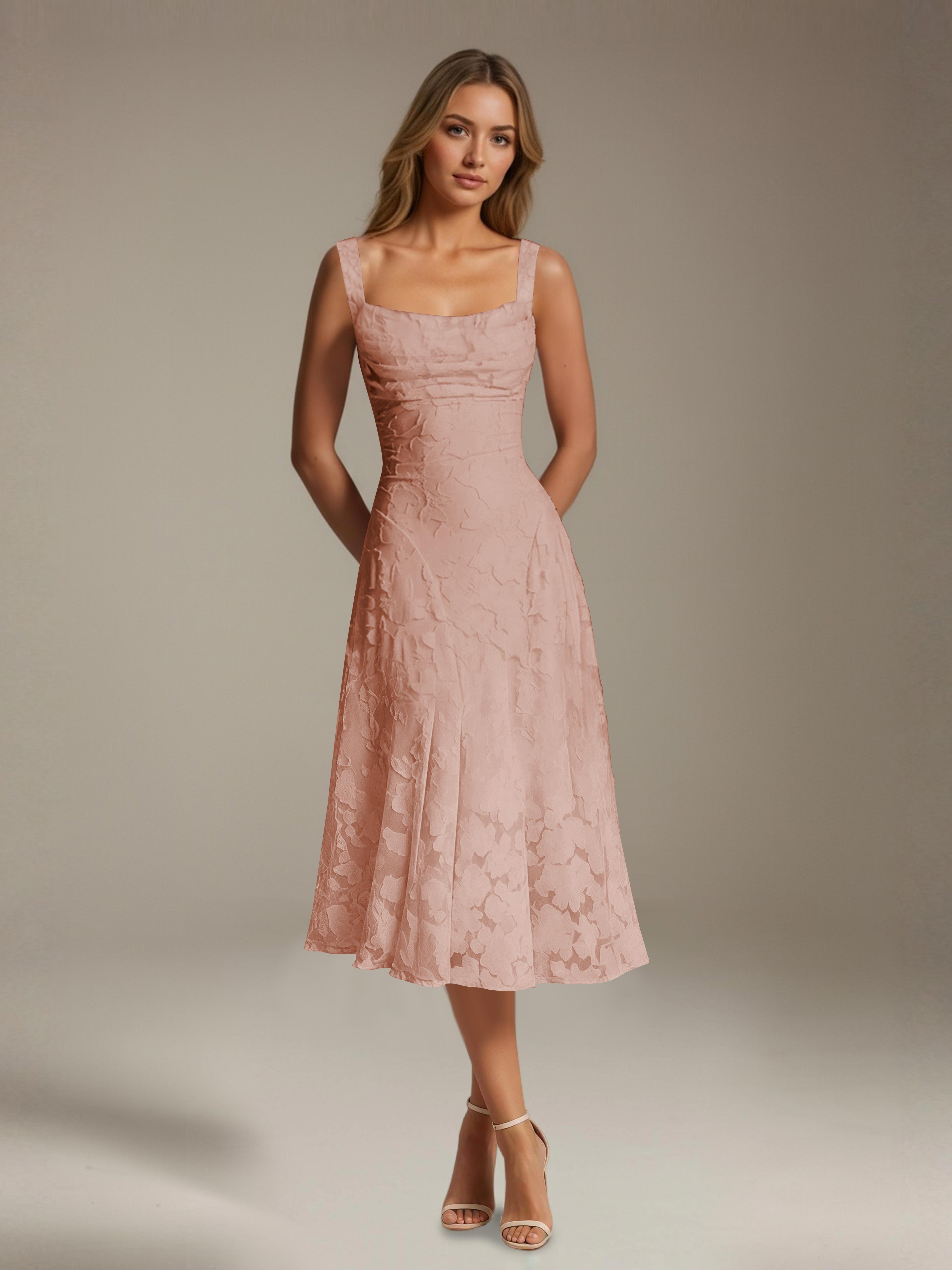 Robe de cérémonie A-line dentelle florale col carré longueur thé