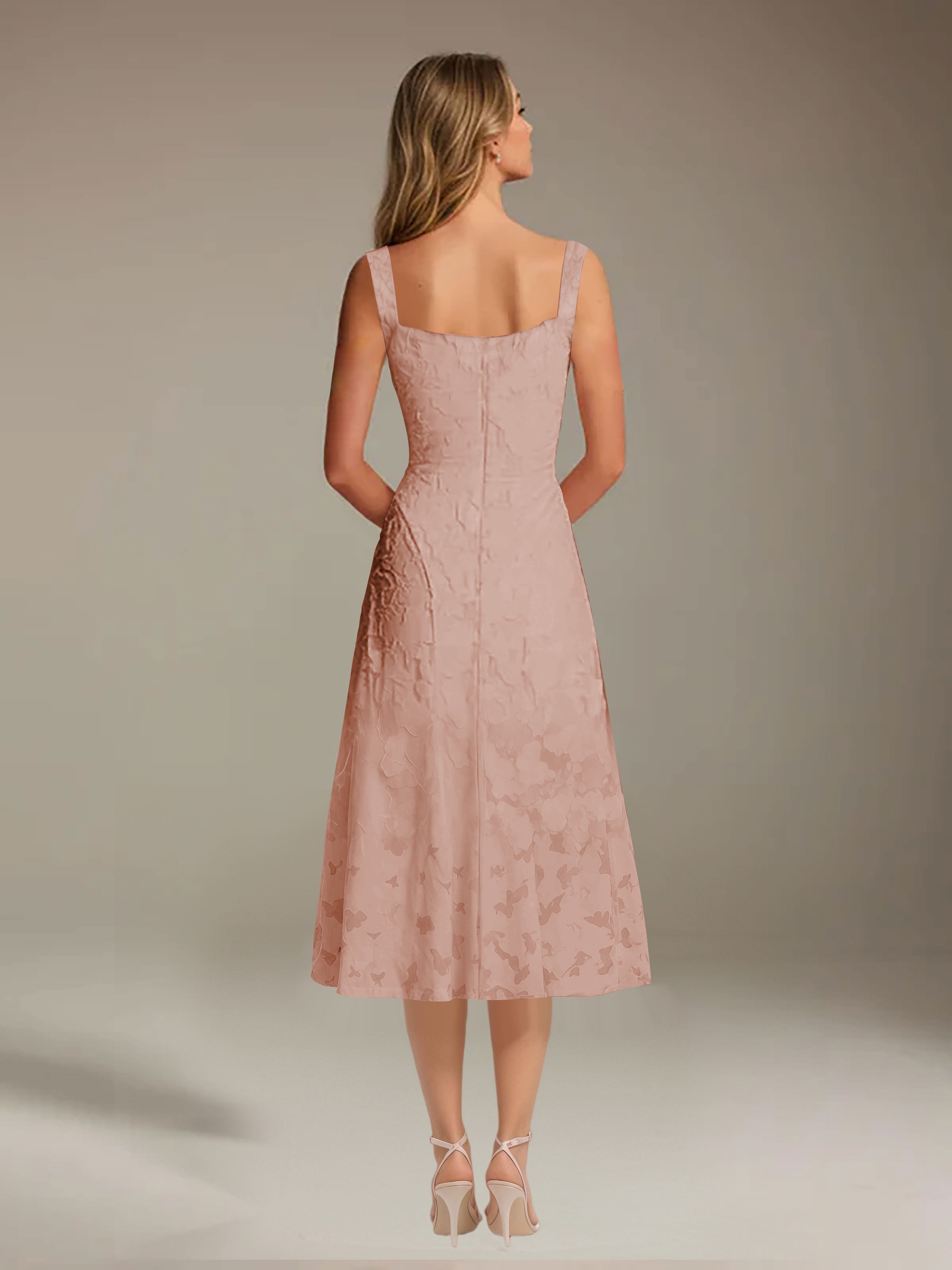 Robe de cérémonie A-line dentelle florale col carré longueur thé