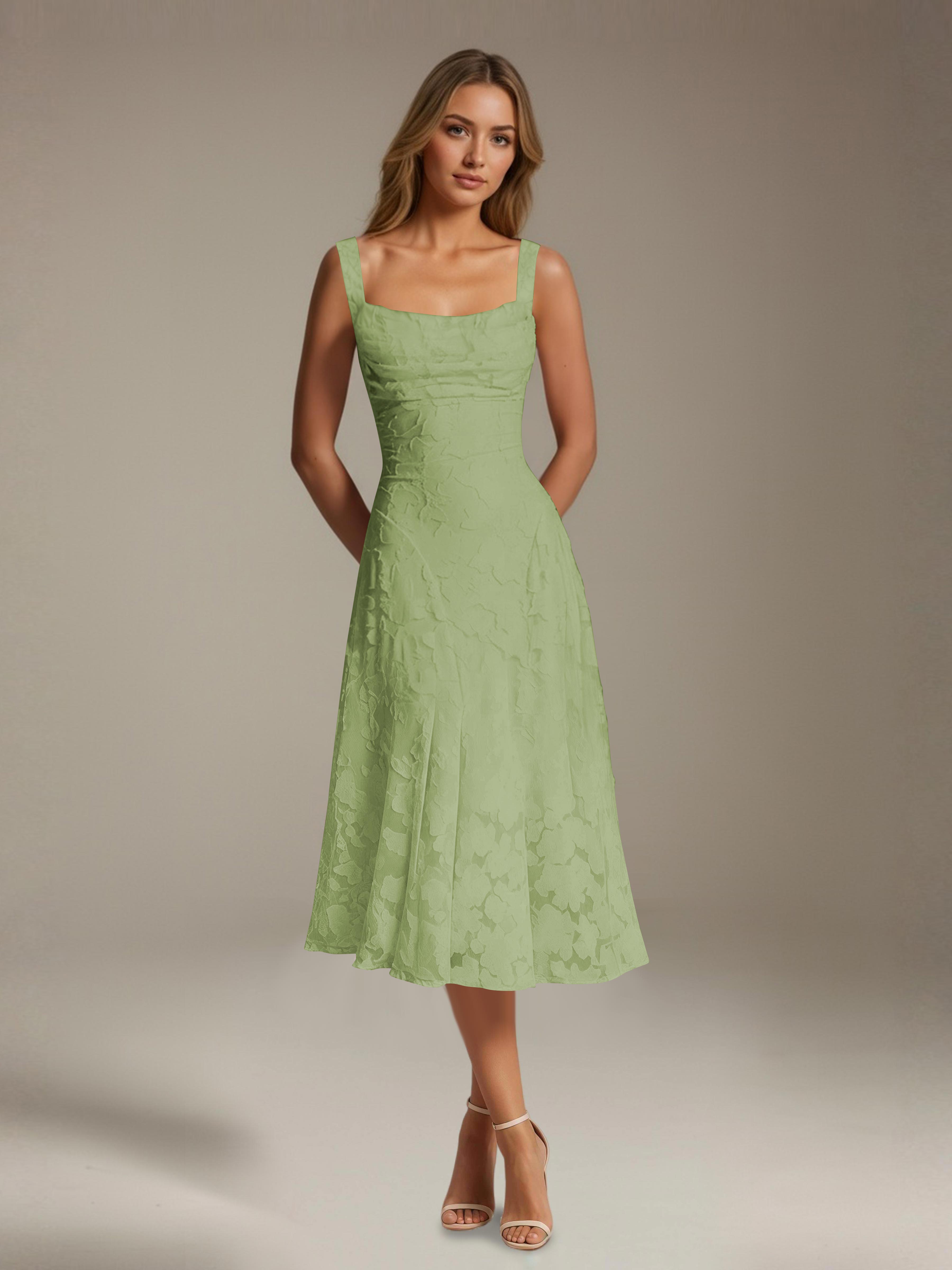 Robe de cérémonie A-line dentelle florale col carré longueur thé