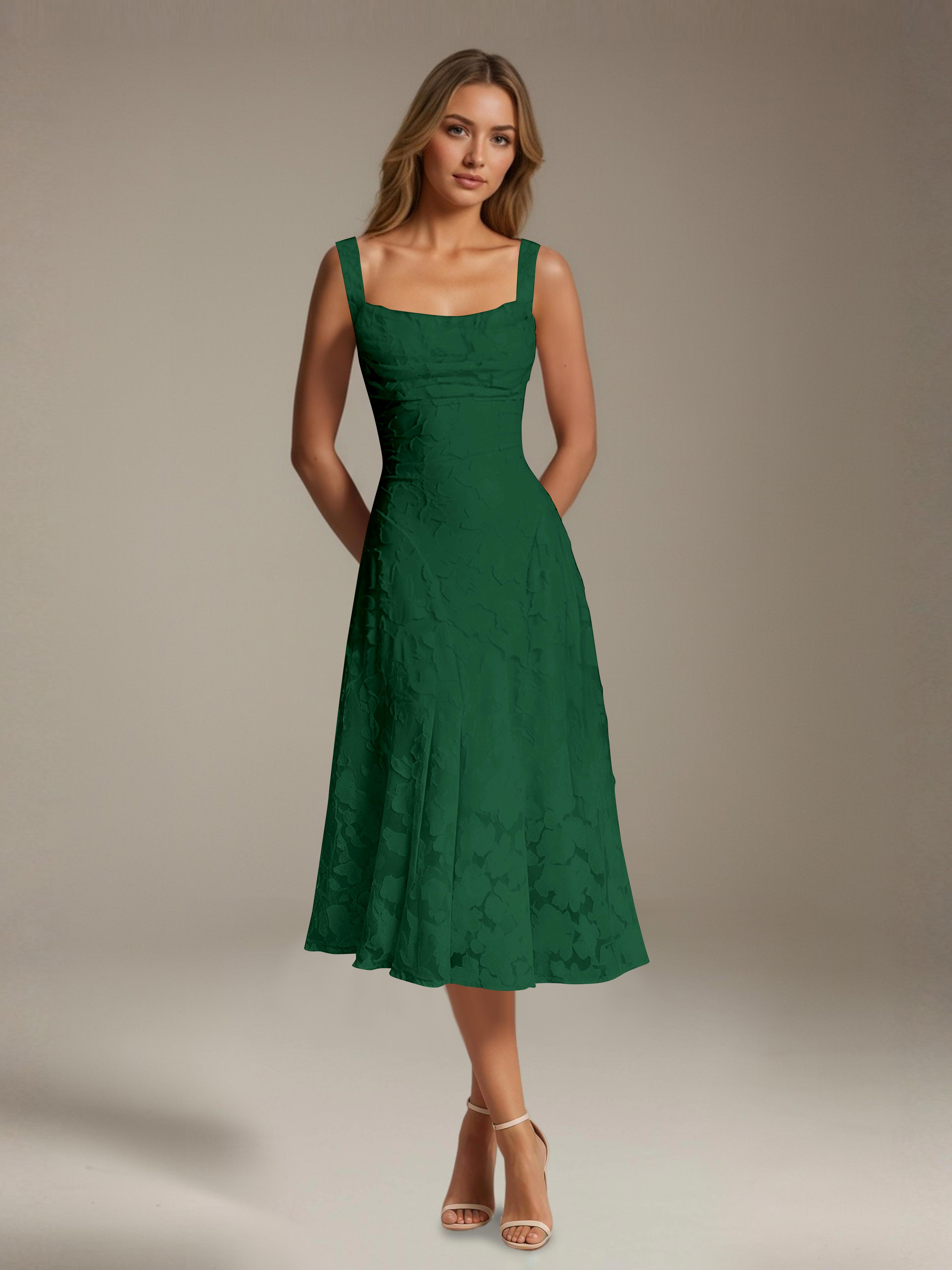 Robe de cérémonie A-line dentelle florale col carré longueur thé