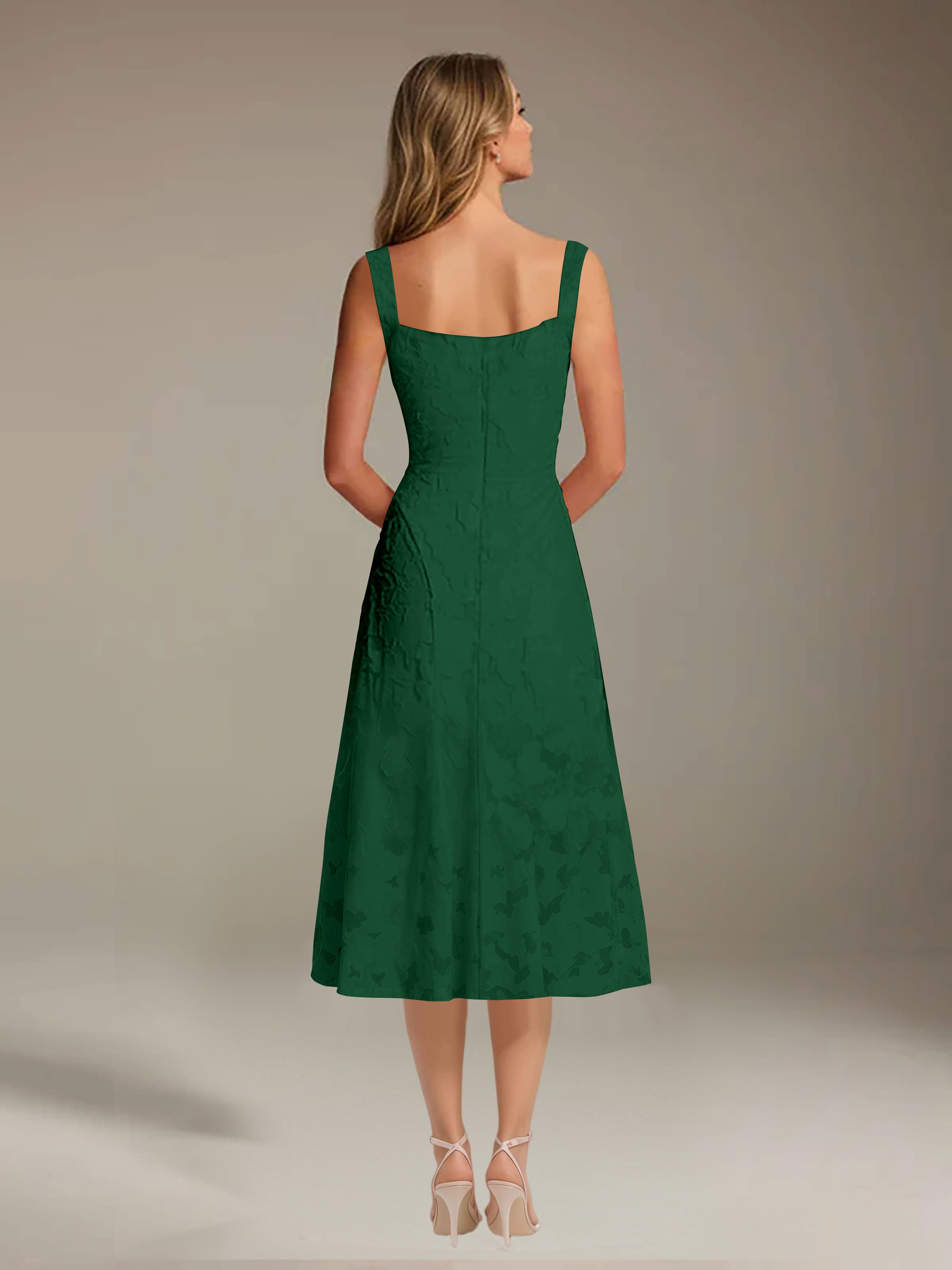 Robe de cérémonie A-line dentelle florale col carré longueur thé