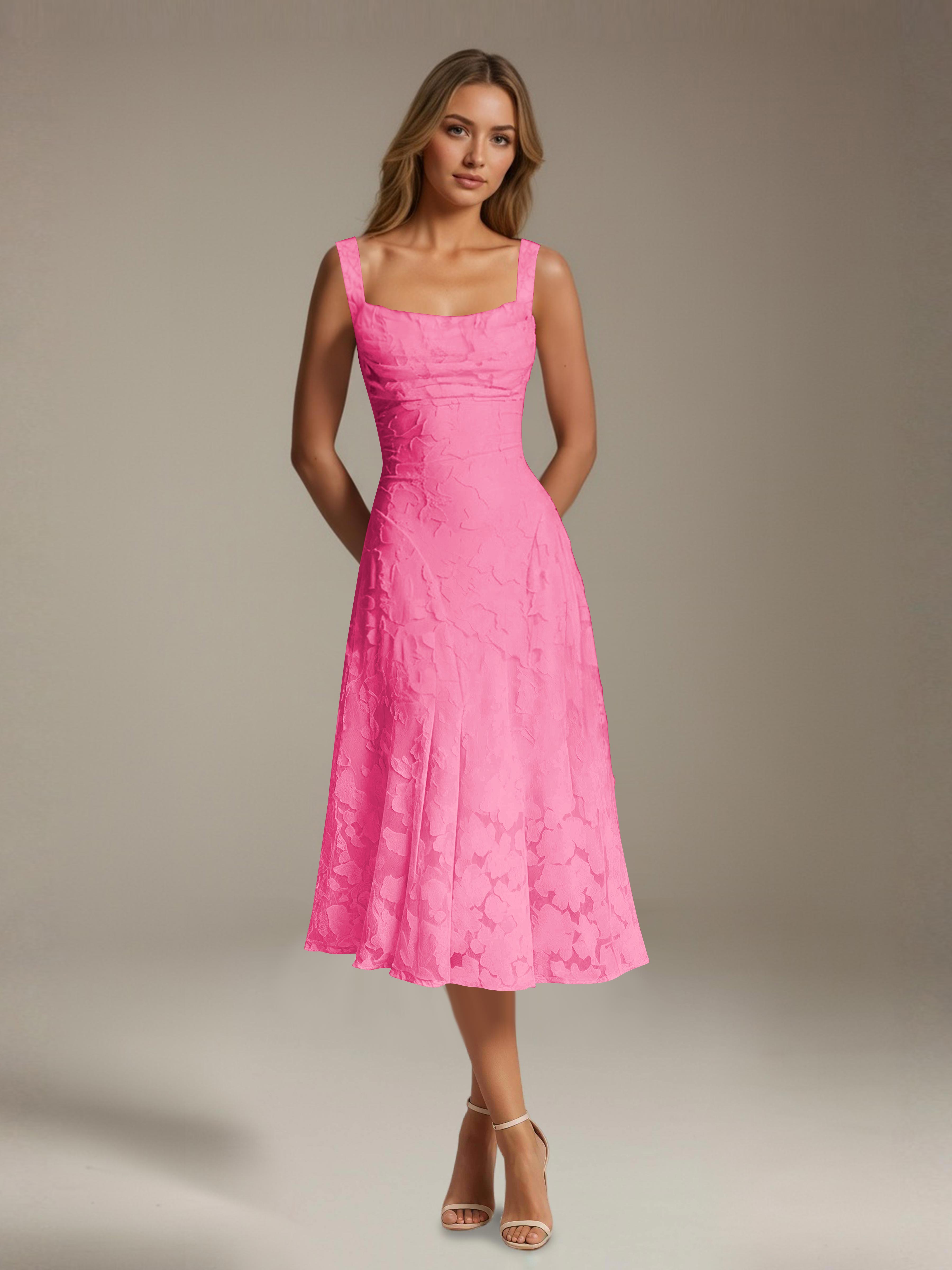 Robe de cérémonie A-line dentelle florale col carré longueur thé