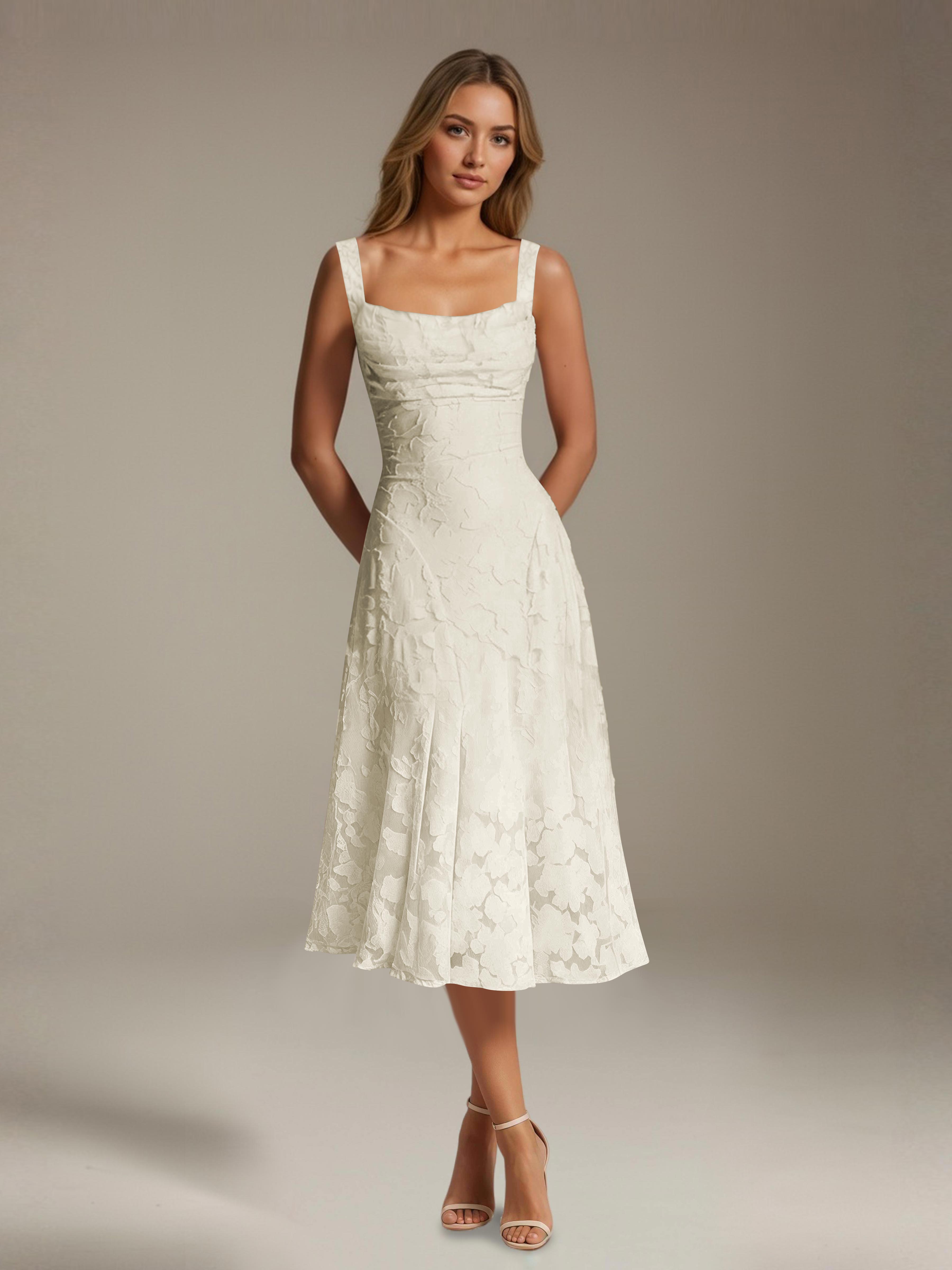 Robe de cérémonie A-line dentelle florale col carré longueur thé