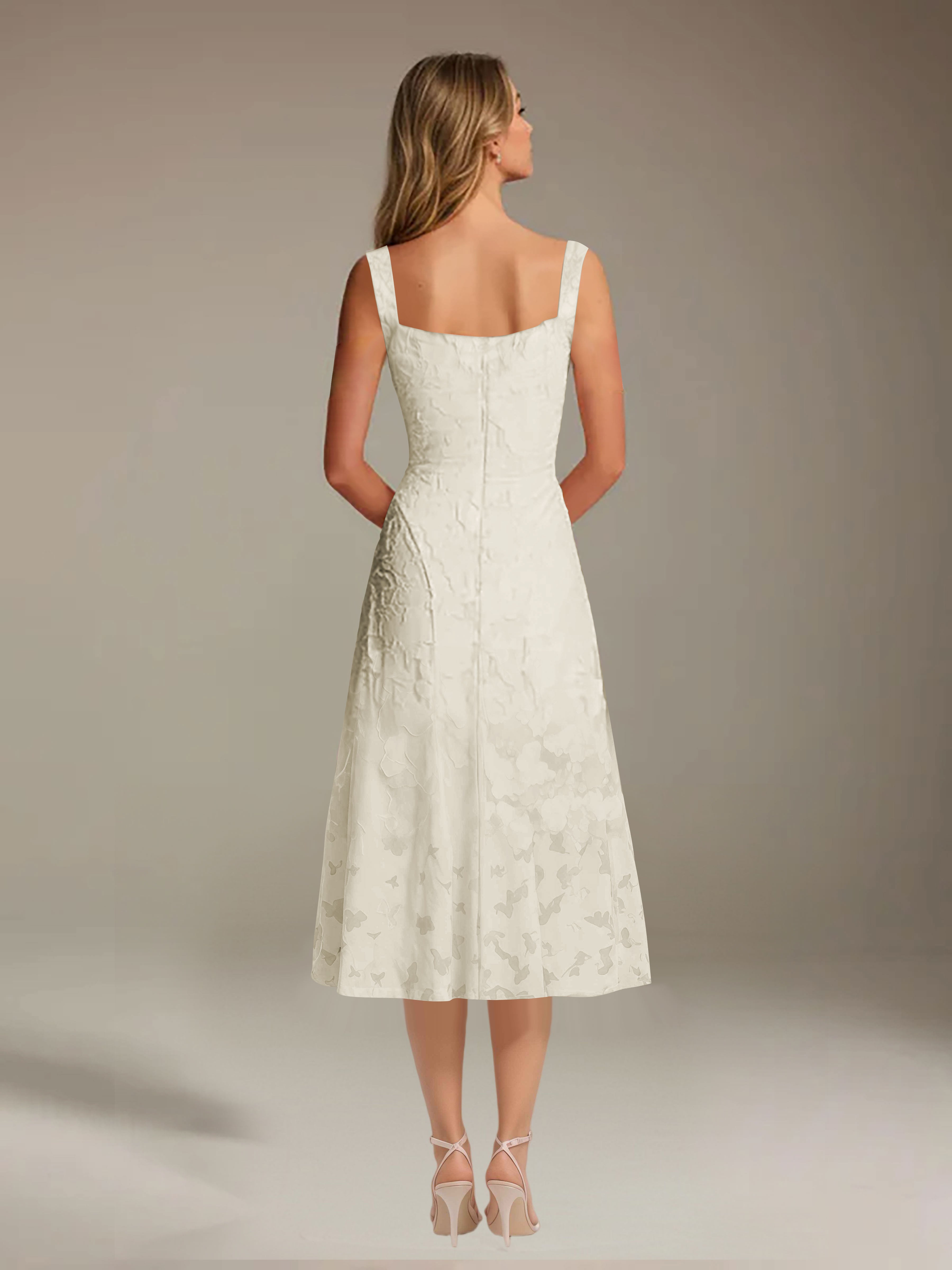 Robe de cérémonie A-line dentelle florale col carré longueur thé