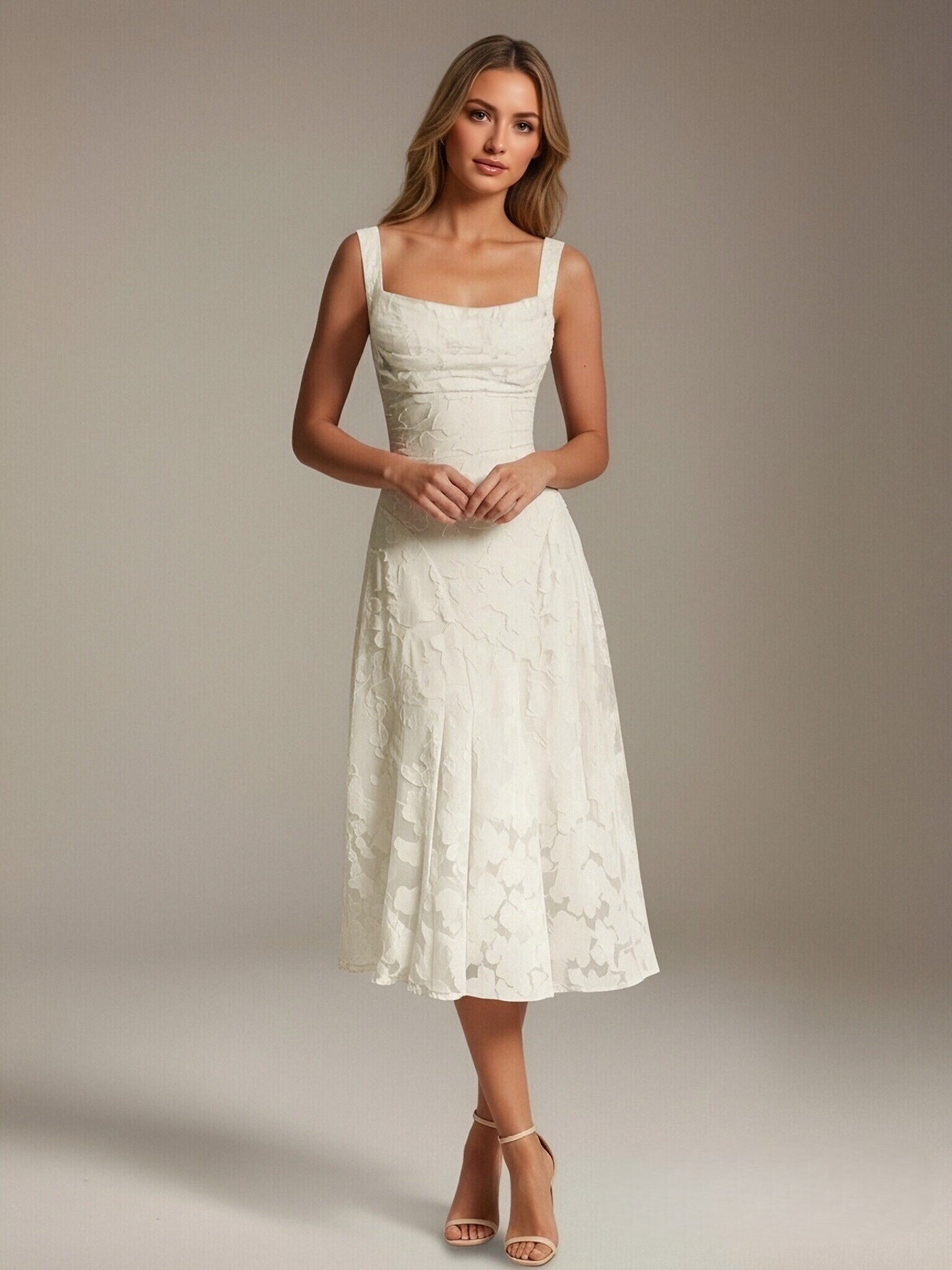 Robe de cérémonie A-line dentelle florale col carré longueur thé