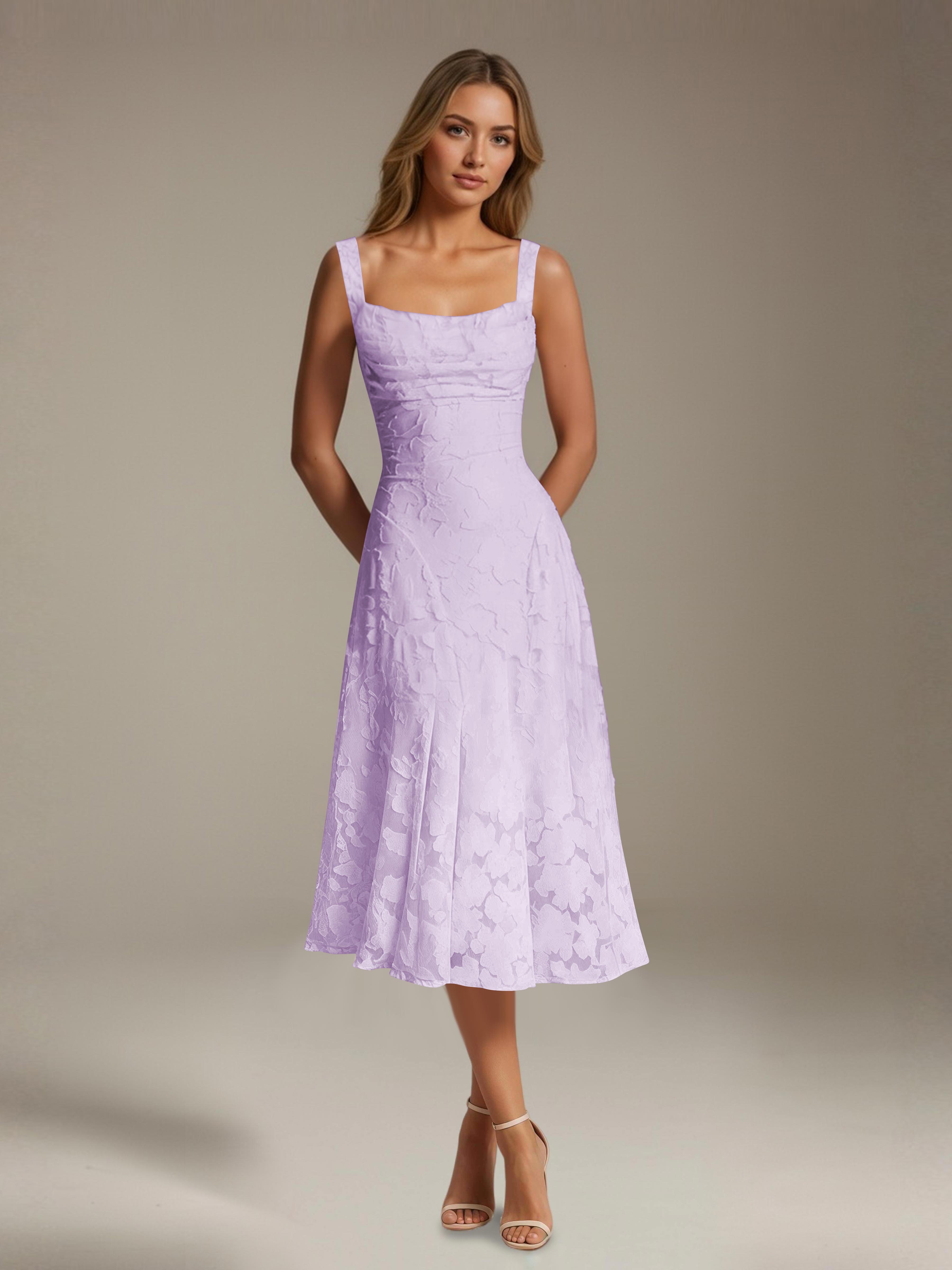Robe de cérémonie A-line dentelle florale col carré longueur thé