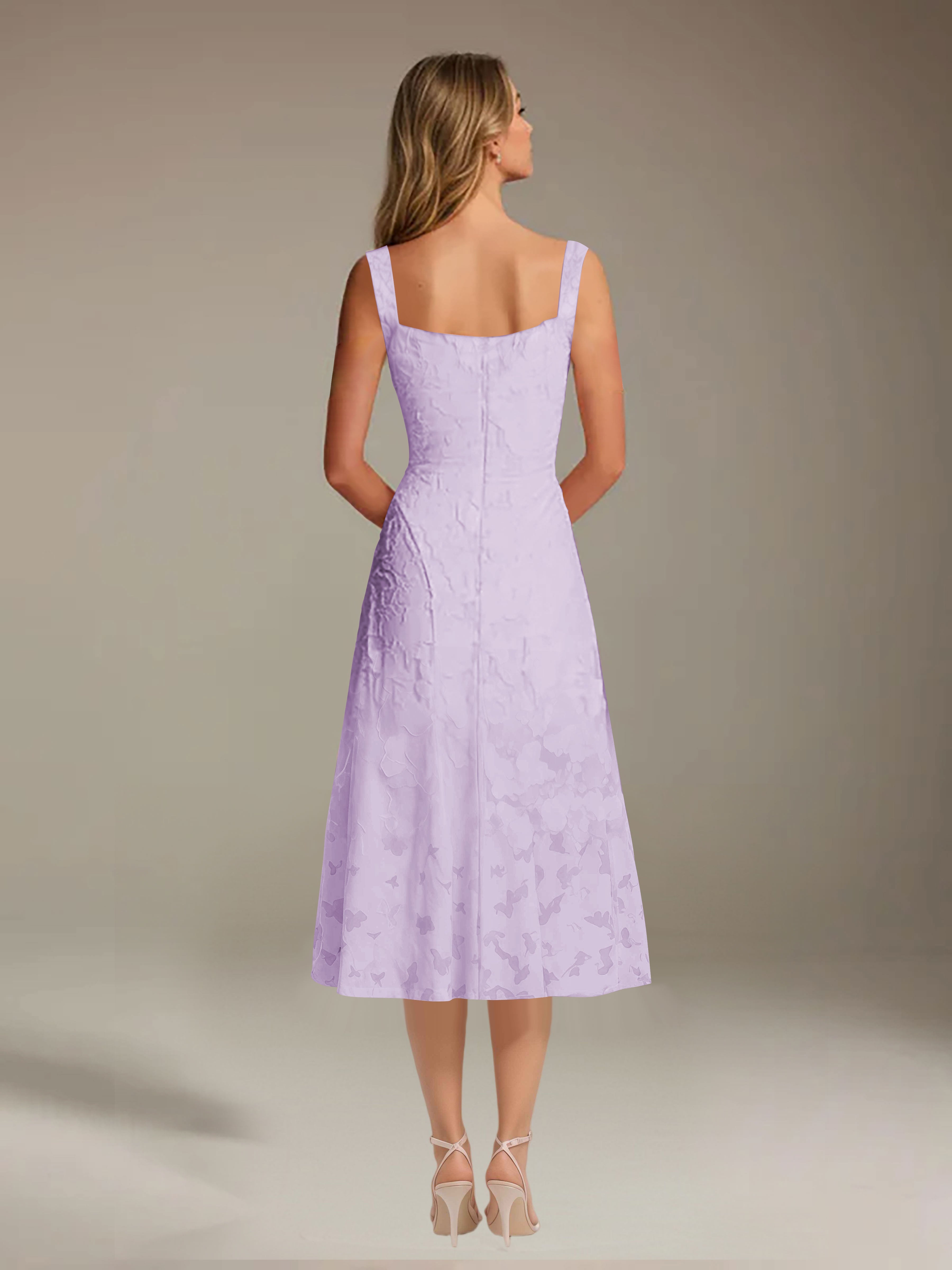 Robe de cérémonie A-line dentelle florale col carré longueur thé
