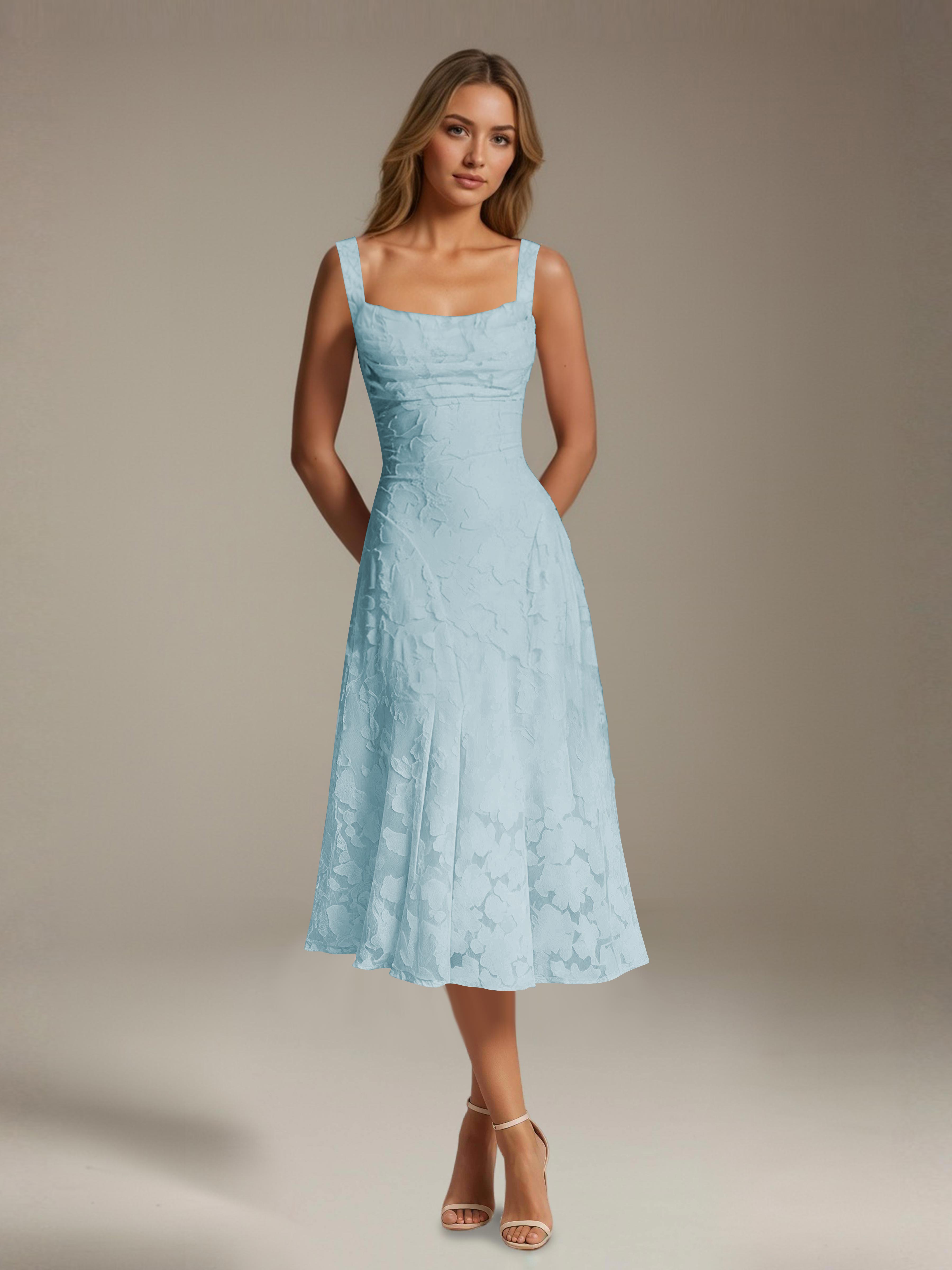 Robe de cérémonie A-line dentelle florale col carré longueur thé
