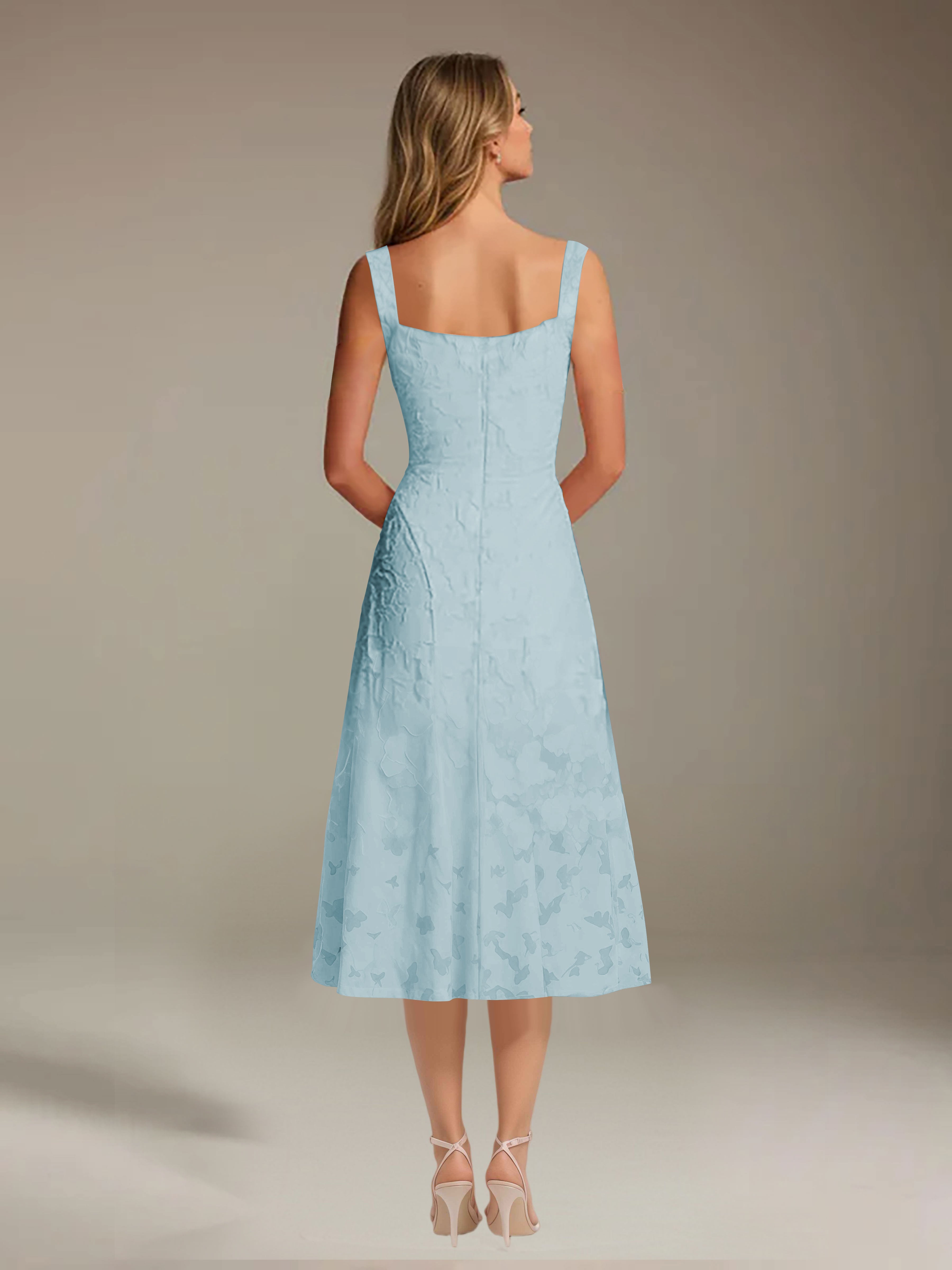 Robe de cérémonie A-line dentelle florale col carré longueur thé