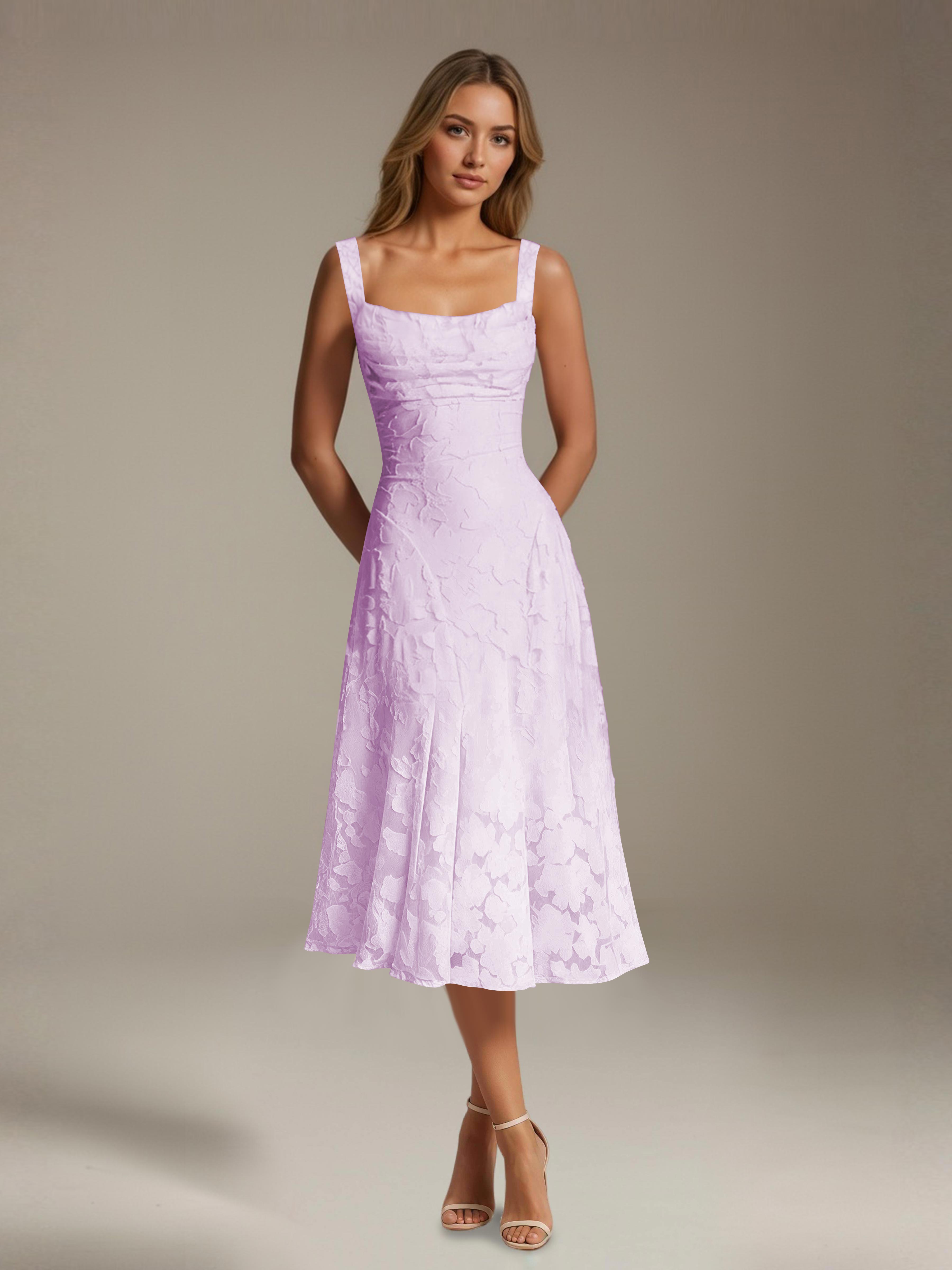 Robe de cérémonie A-line dentelle florale col carré longueur thé