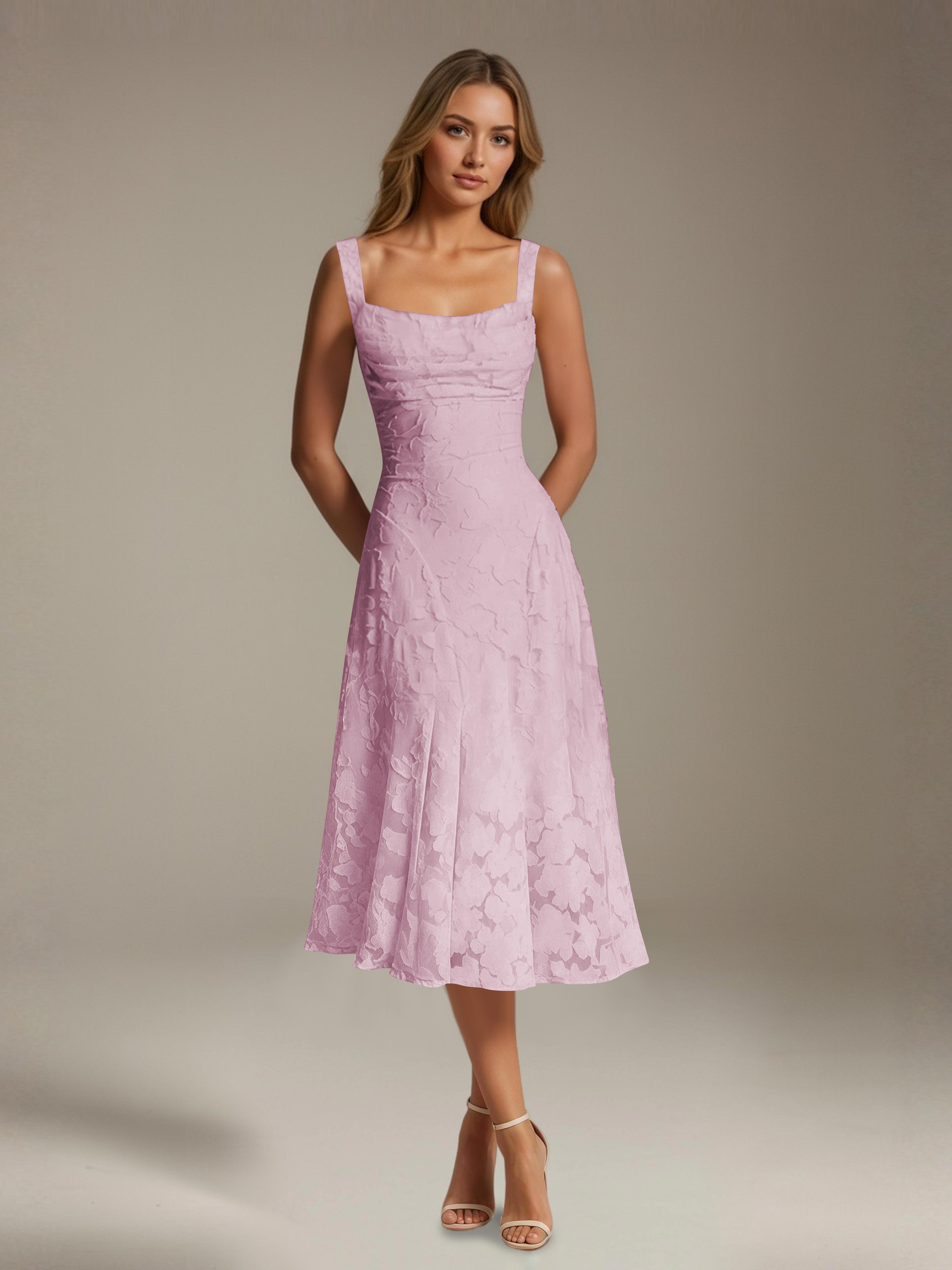 Robe de cérémonie A-line dentelle florale col carré longueur thé
