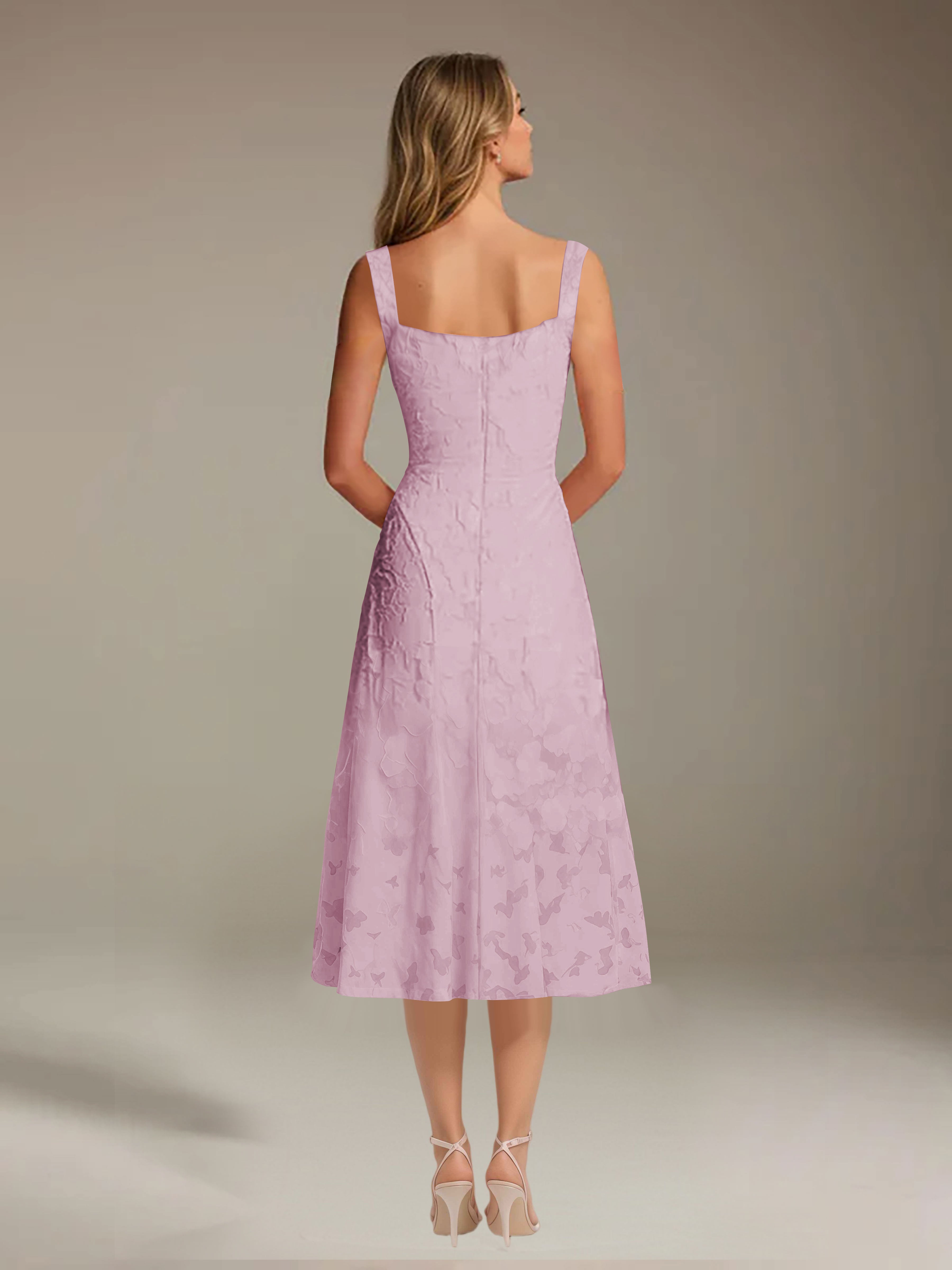 Robe de cérémonie A-line dentelle florale col carré longueur thé