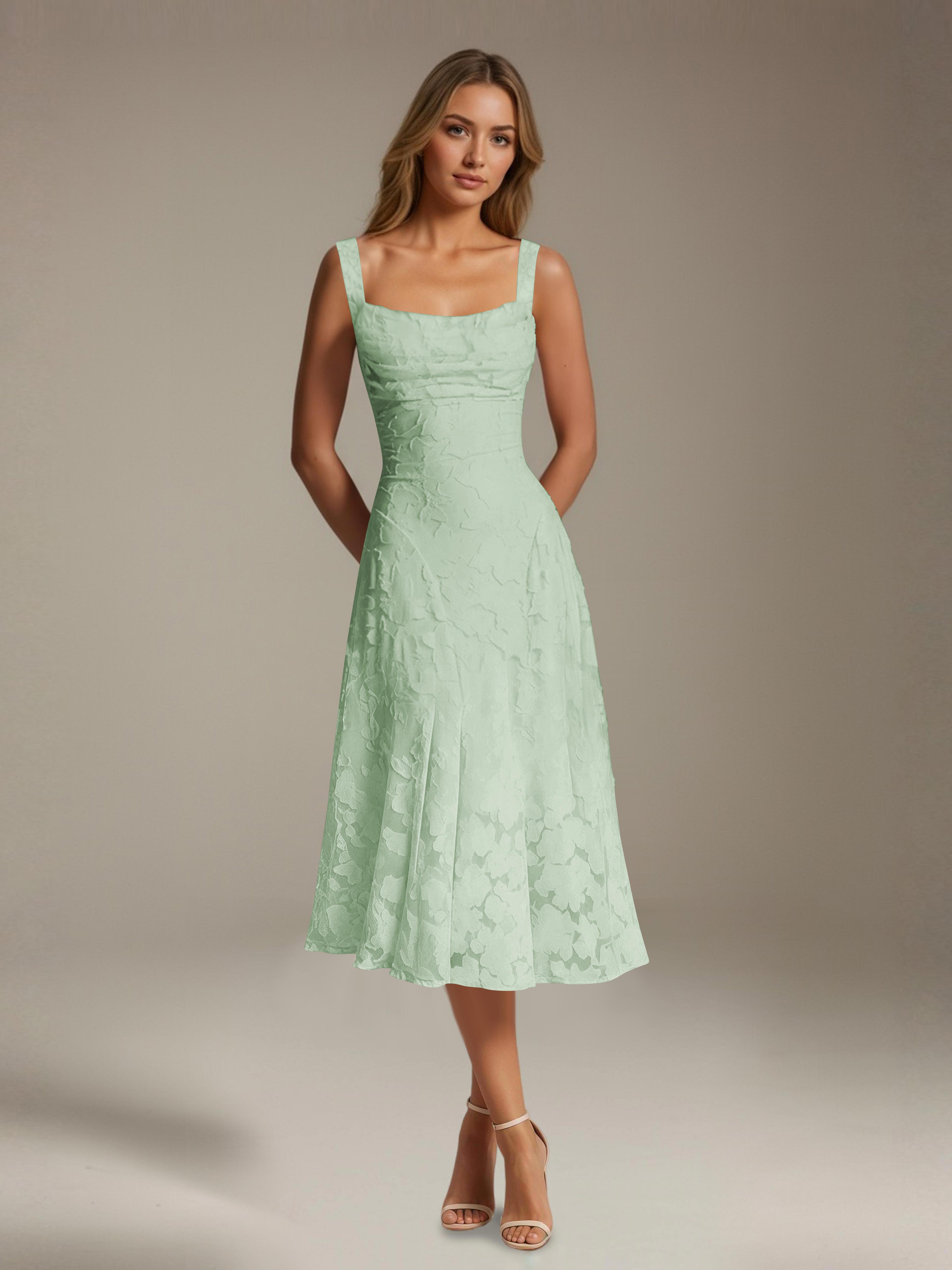 Robe de cérémonie A-line dentelle florale col carré longueur thé