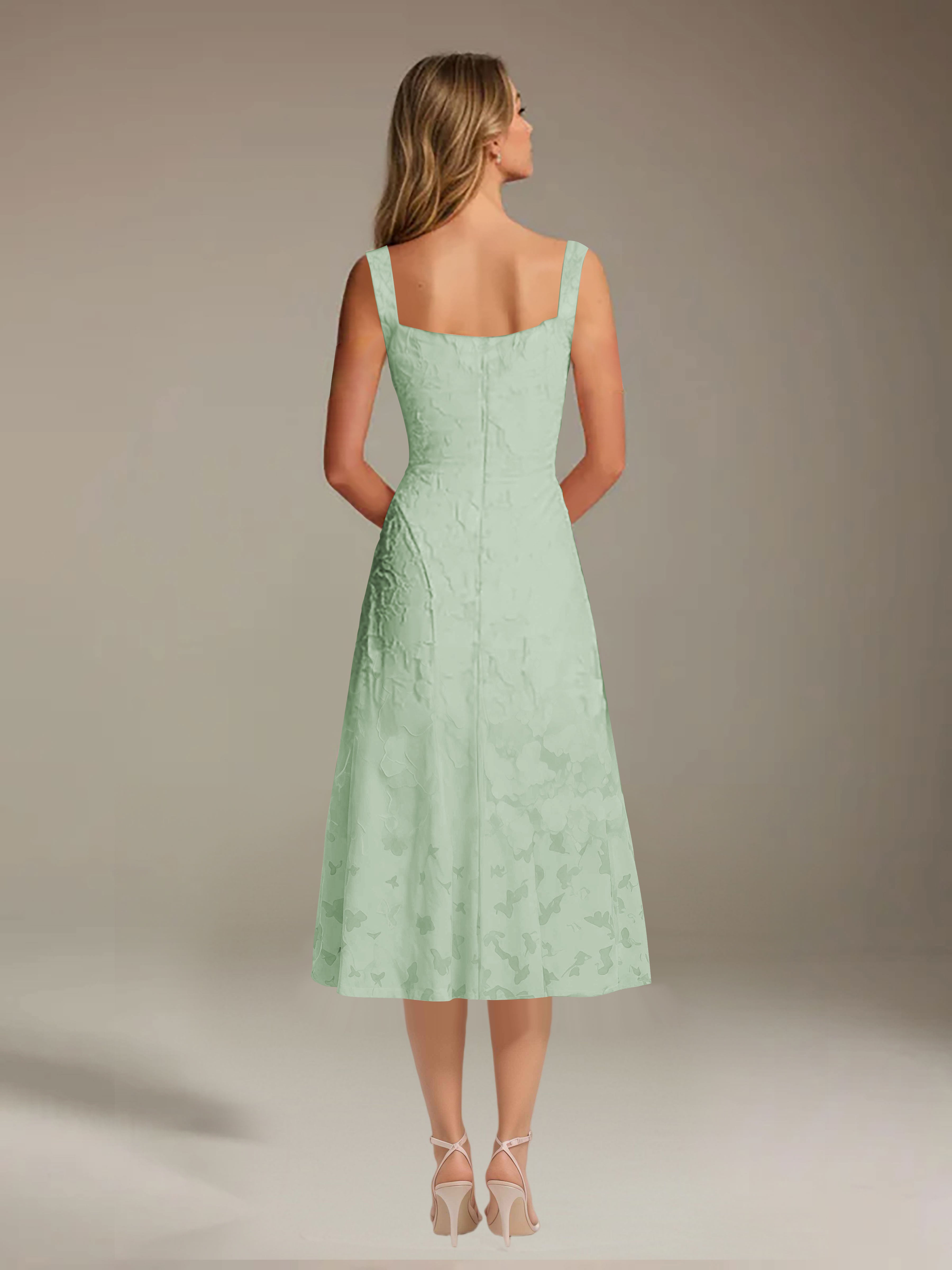 Robe de cérémonie A-line dentelle florale col carré longueur thé