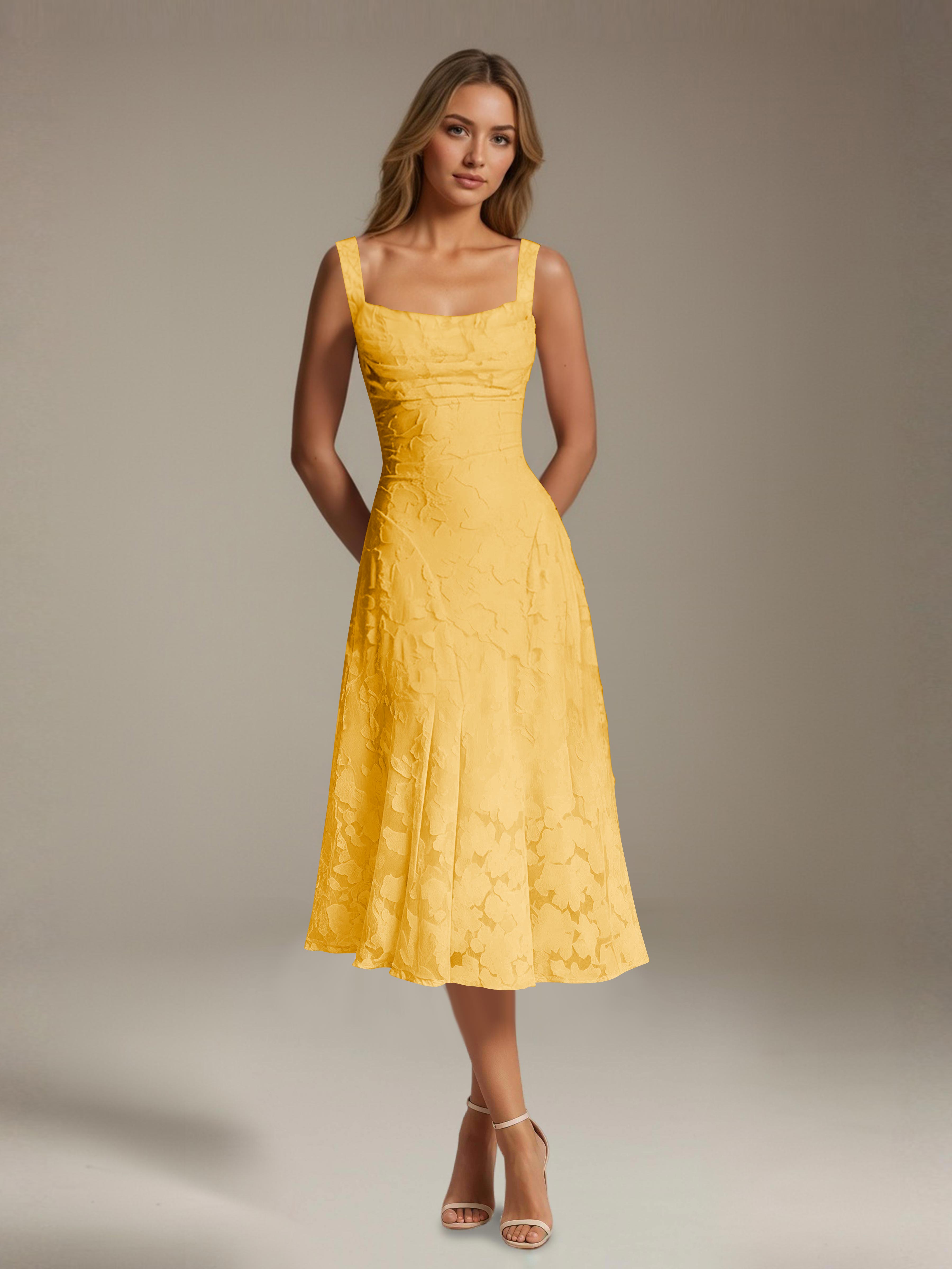 Robe de cérémonie A-line dentelle florale col carré longueur thé