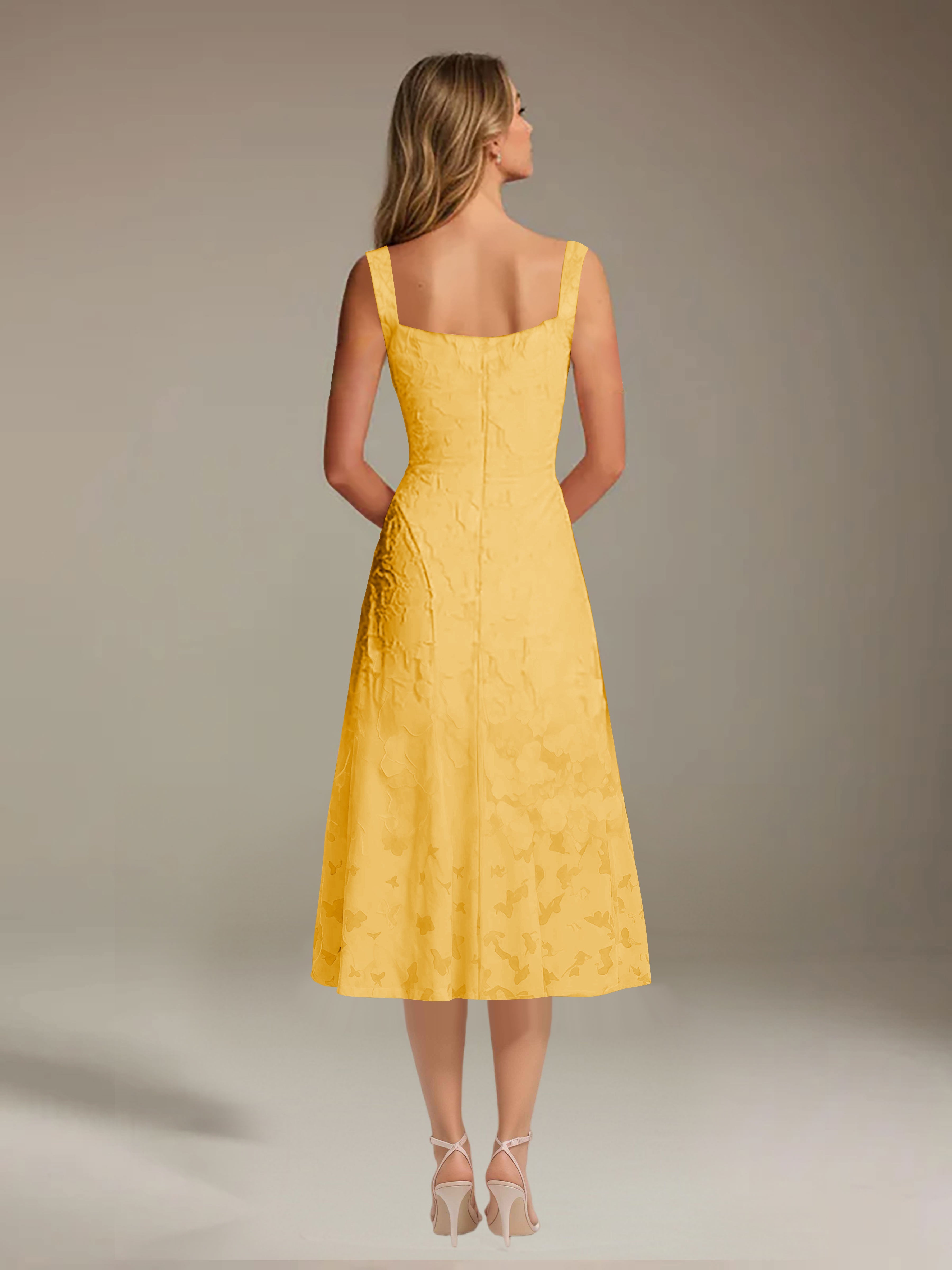 Robe de cérémonie A-line dentelle florale col carré longueur thé