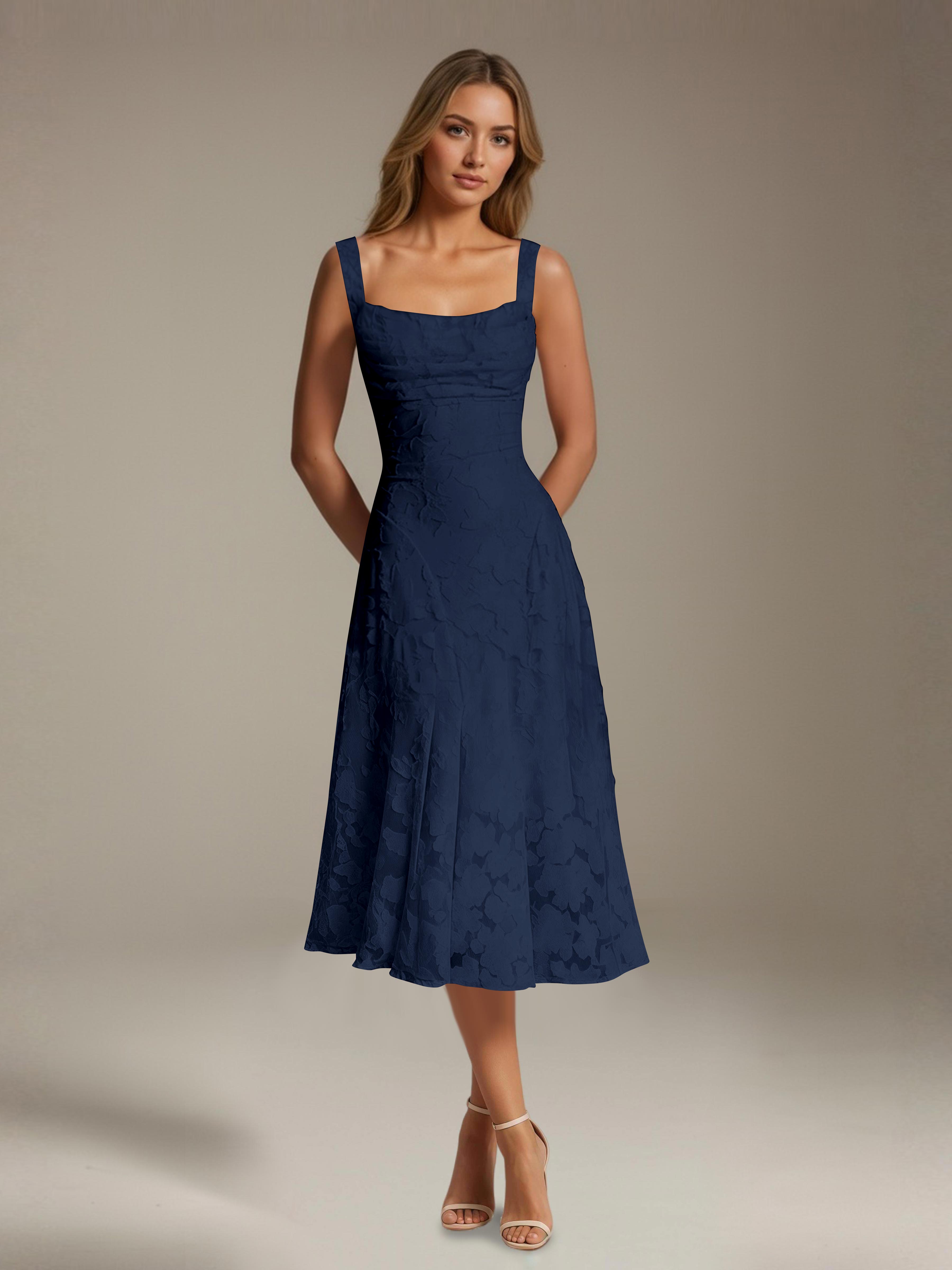 Robe de cérémonie A-line dentelle florale col carré longueur thé