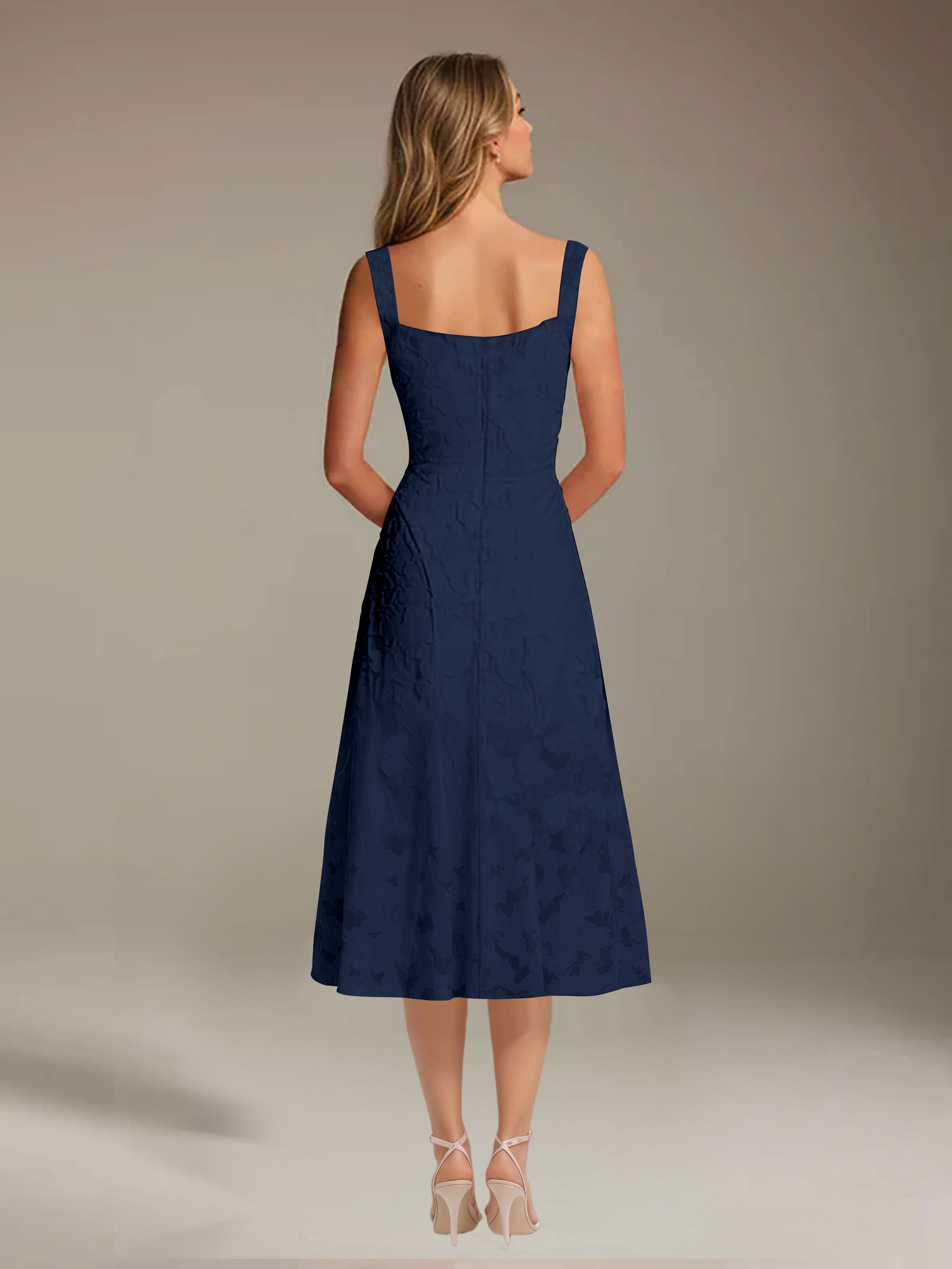 Robe de cérémonie A-line dentelle florale col carré longueur thé
