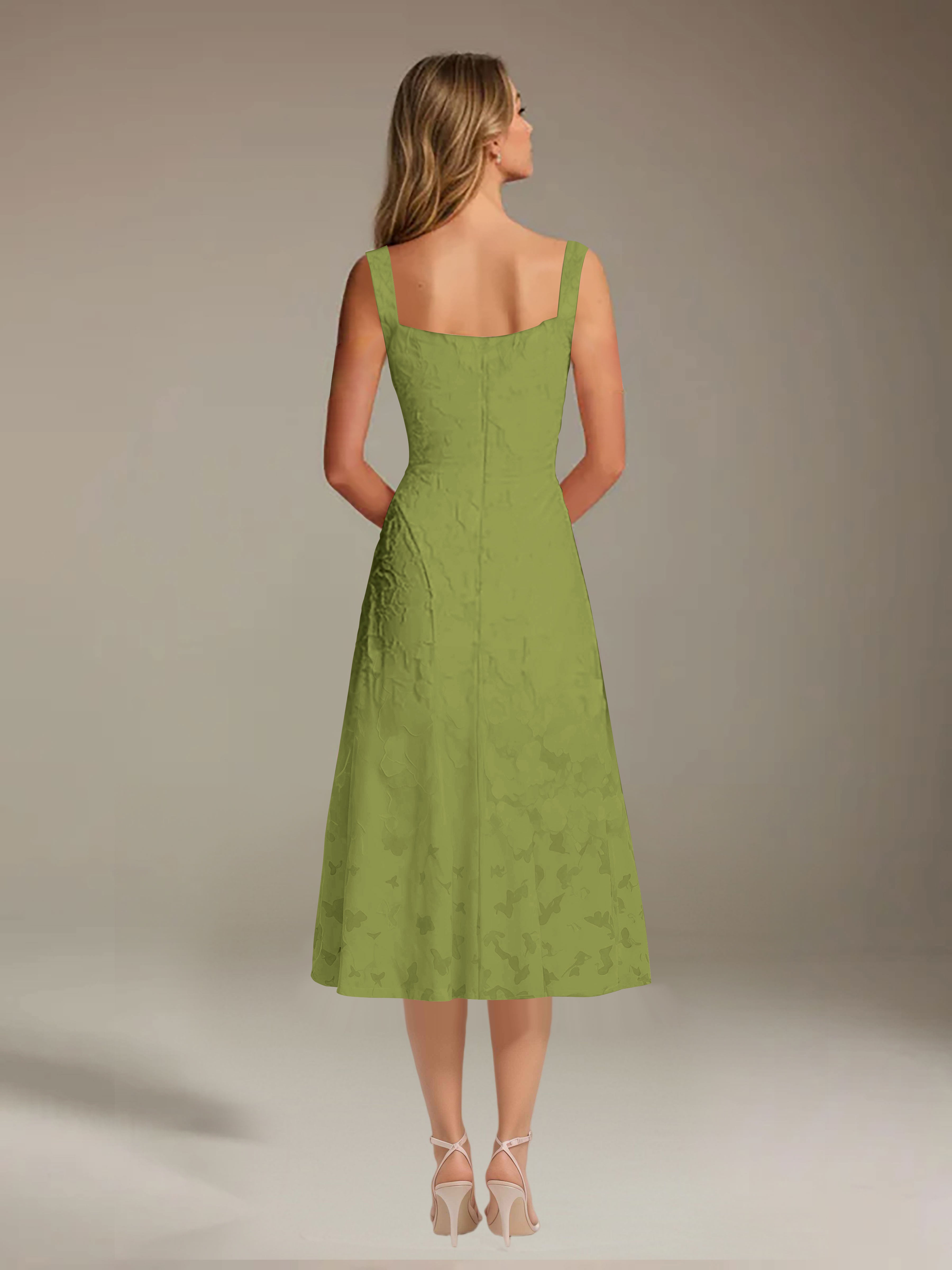 Robe de cérémonie A-line dentelle florale col carré longueur thé