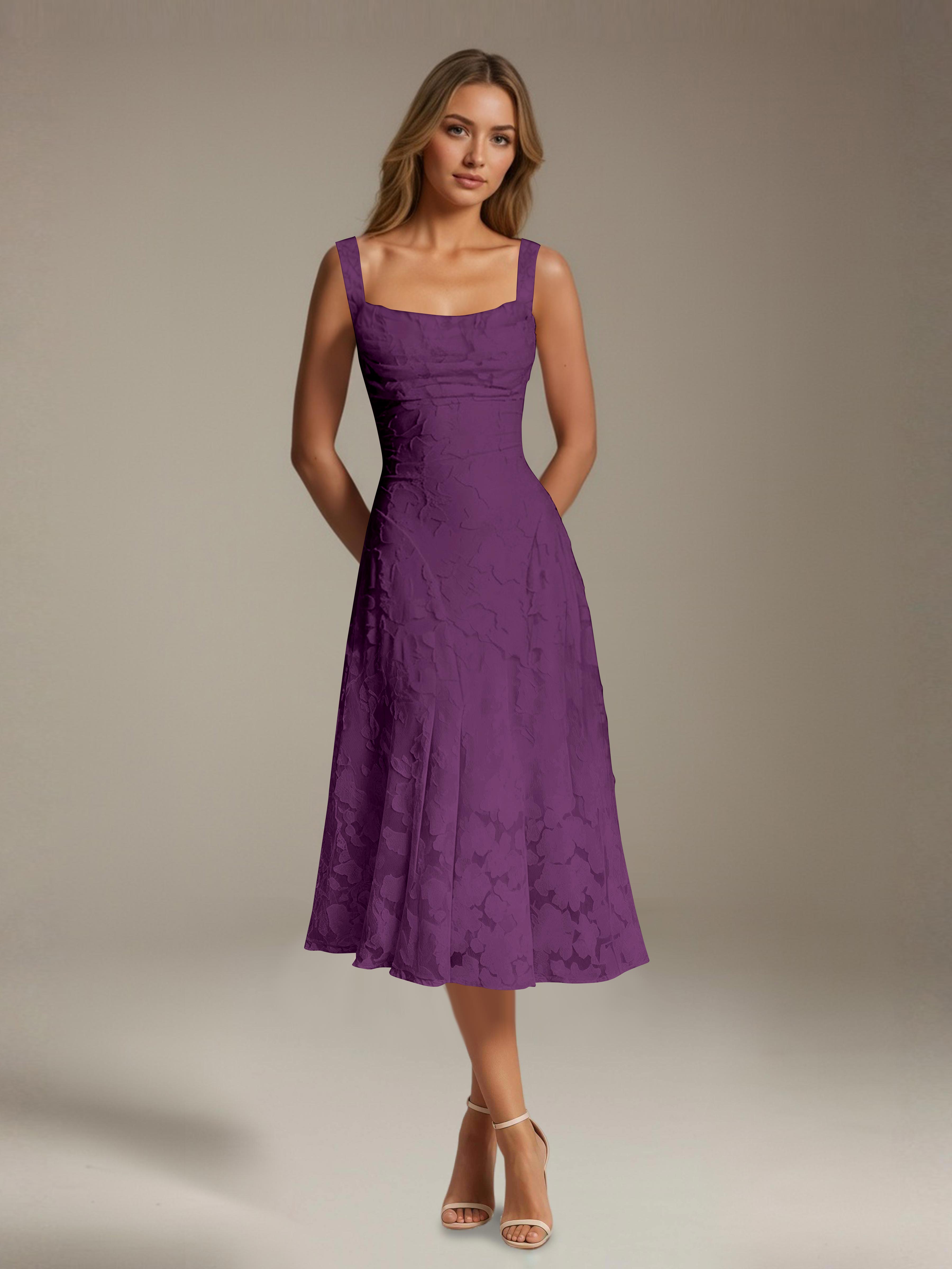 Robe de cérémonie A-line dentelle florale col carré longueur thé