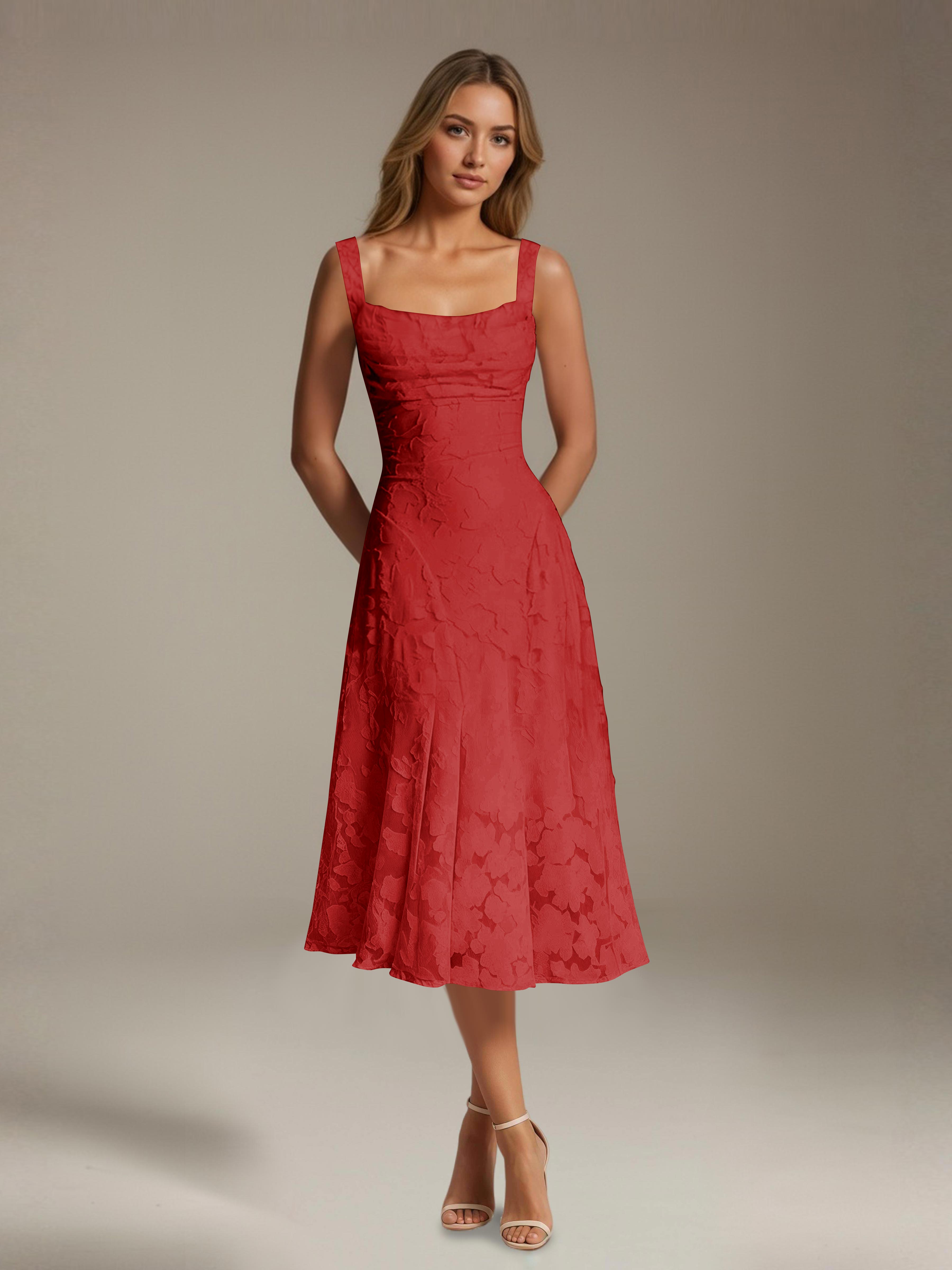 Robe de cérémonie A-line dentelle florale col carré longueur thé