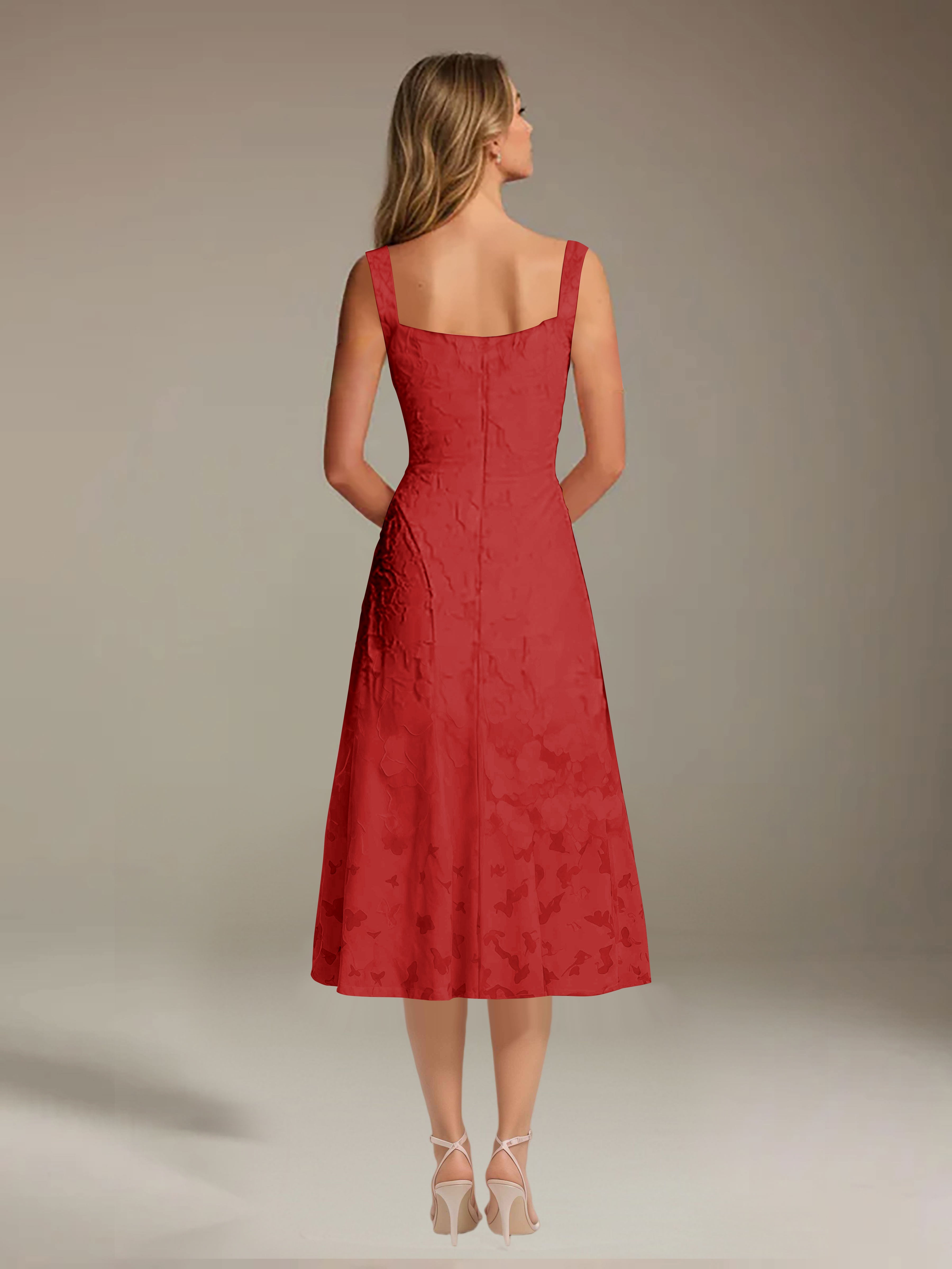 Robe de cérémonie A-line dentelle florale col carré longueur thé