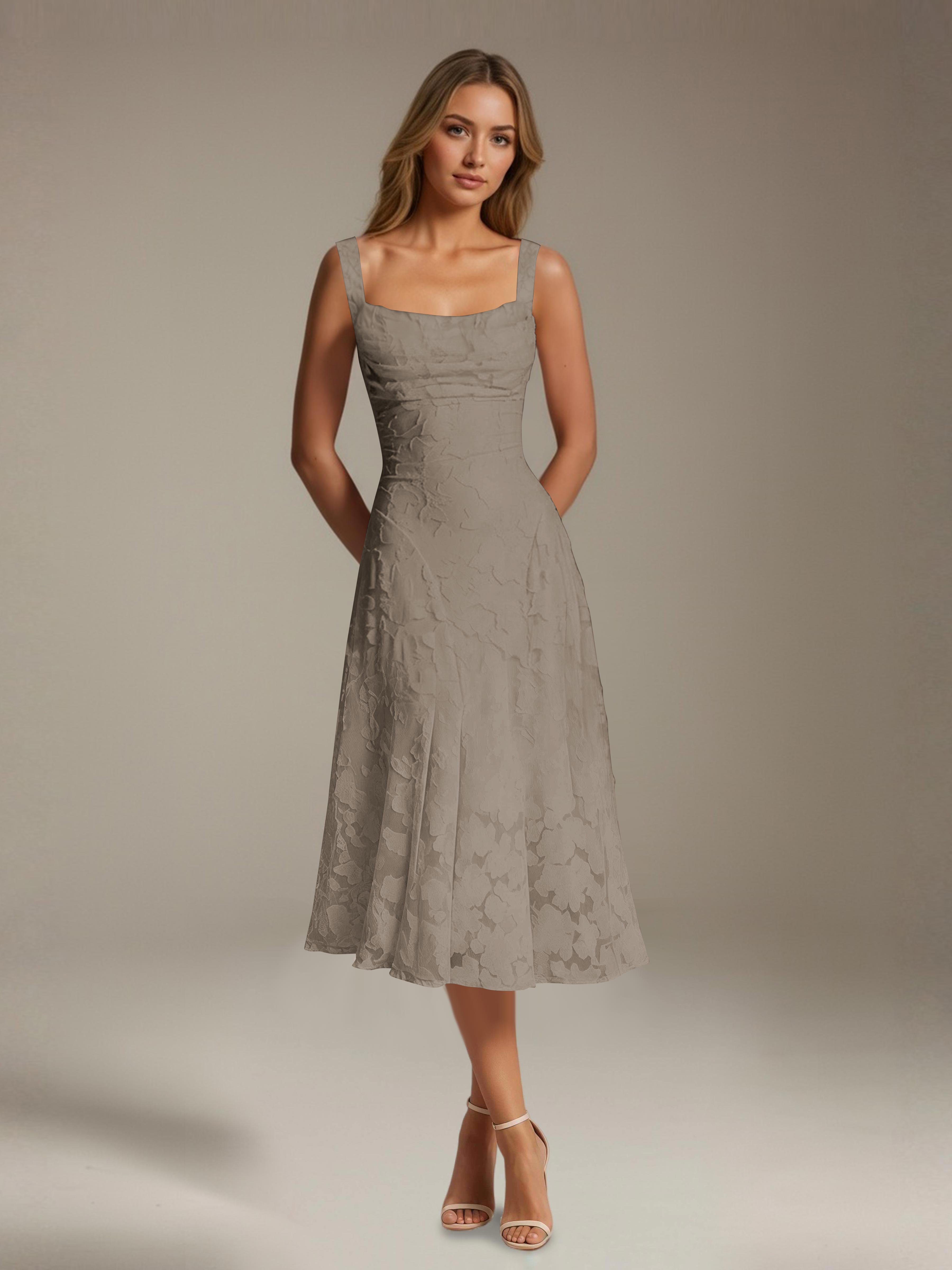 Robe de cérémonie A-line dentelle florale col carré longueur thé