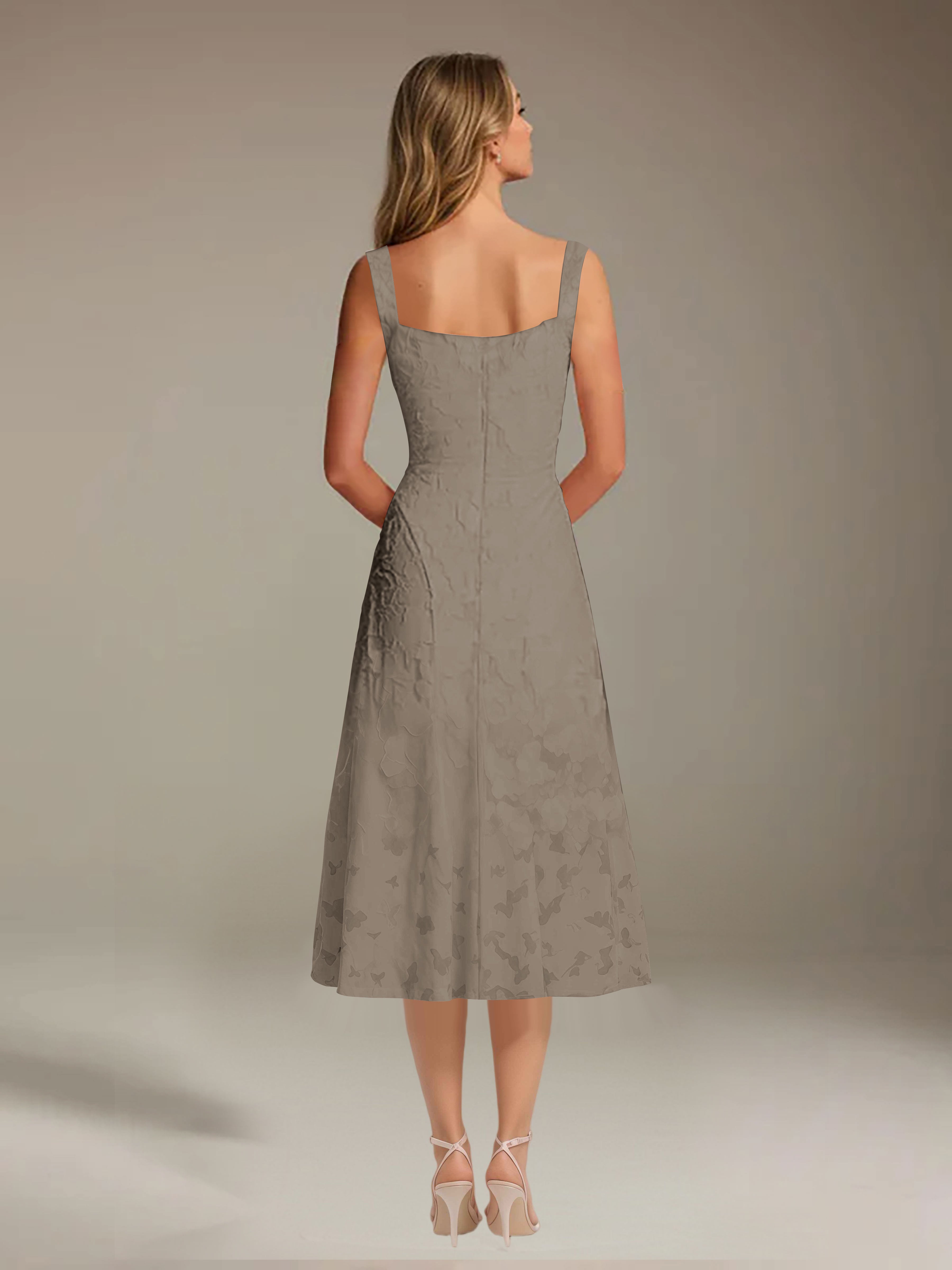 Robe de cérémonie A-line dentelle florale col carré longueur thé
