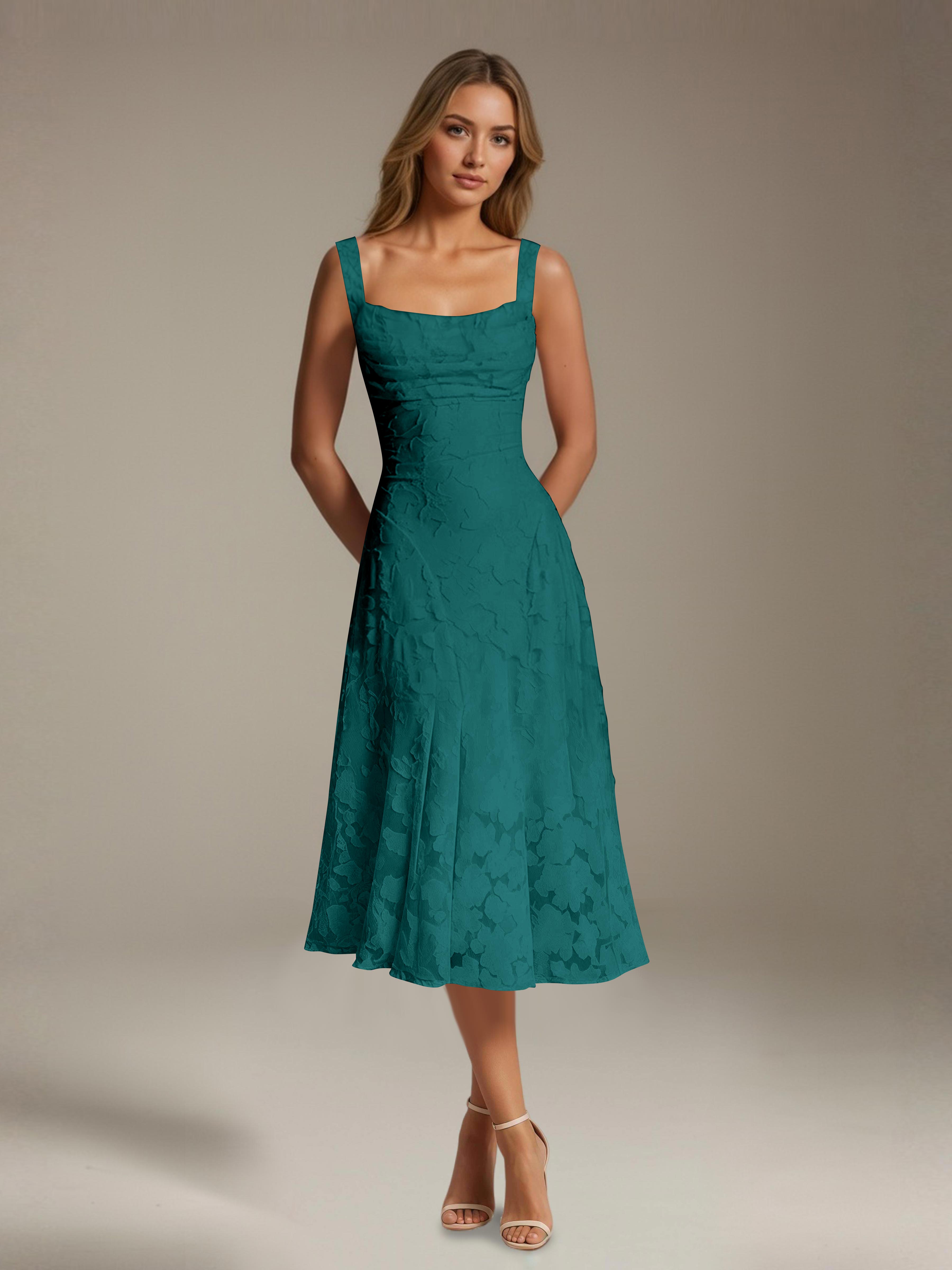 Robe de cérémonie A-line dentelle florale col carré longueur thé