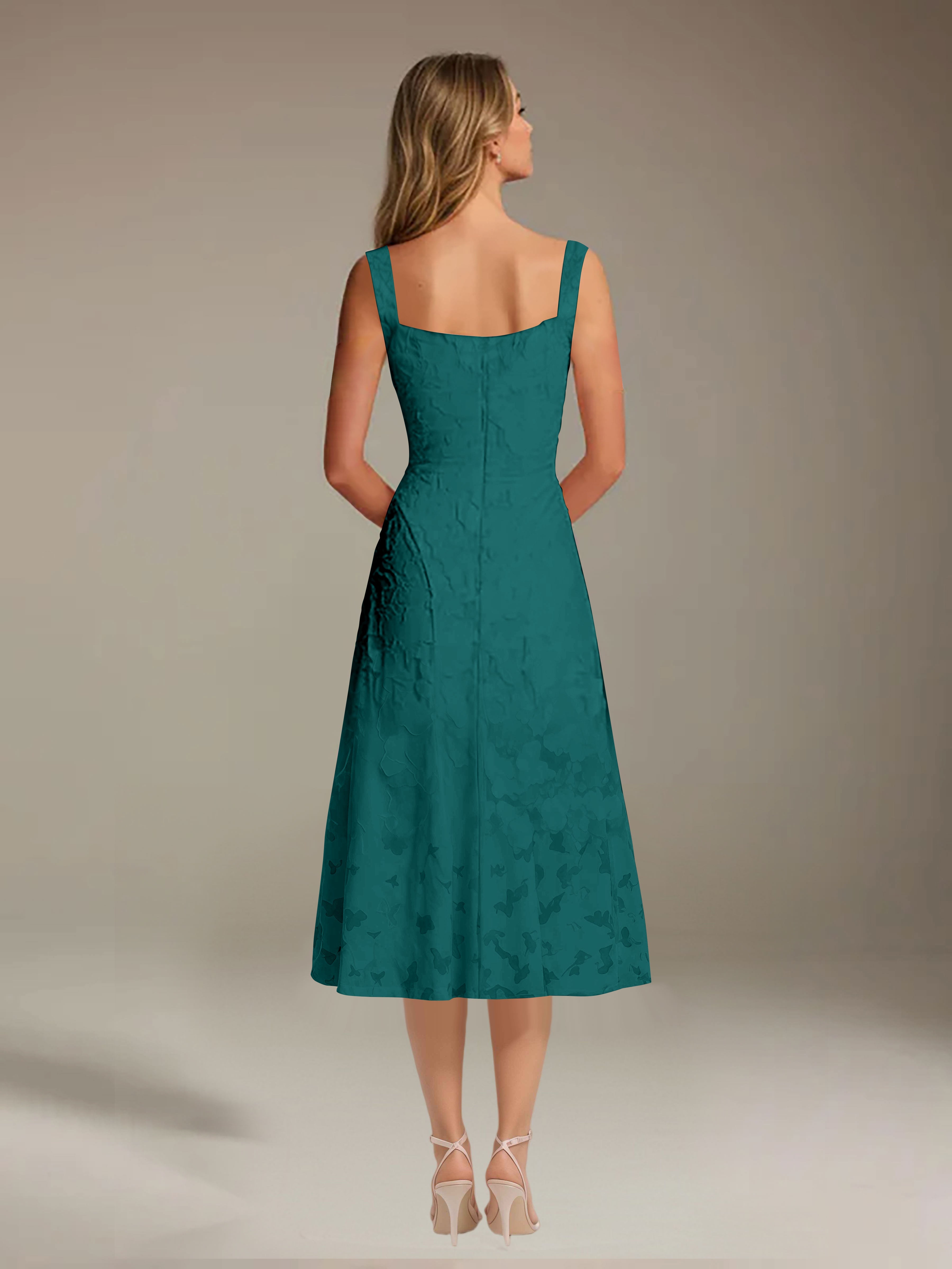 Robe de cérémonie A-line dentelle florale col carré longueur thé