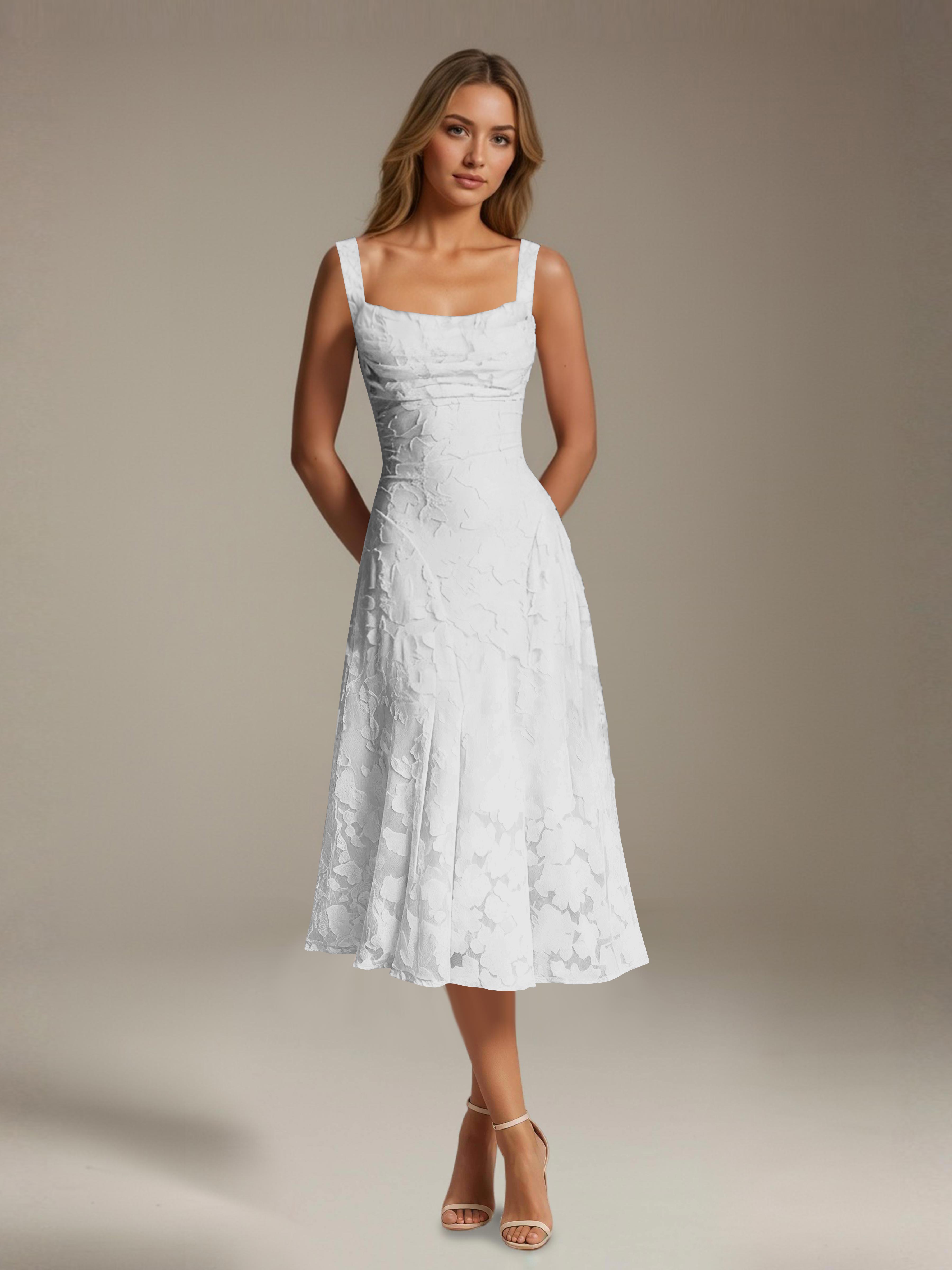 Robe de cérémonie A-line dentelle florale col carré longueur thé