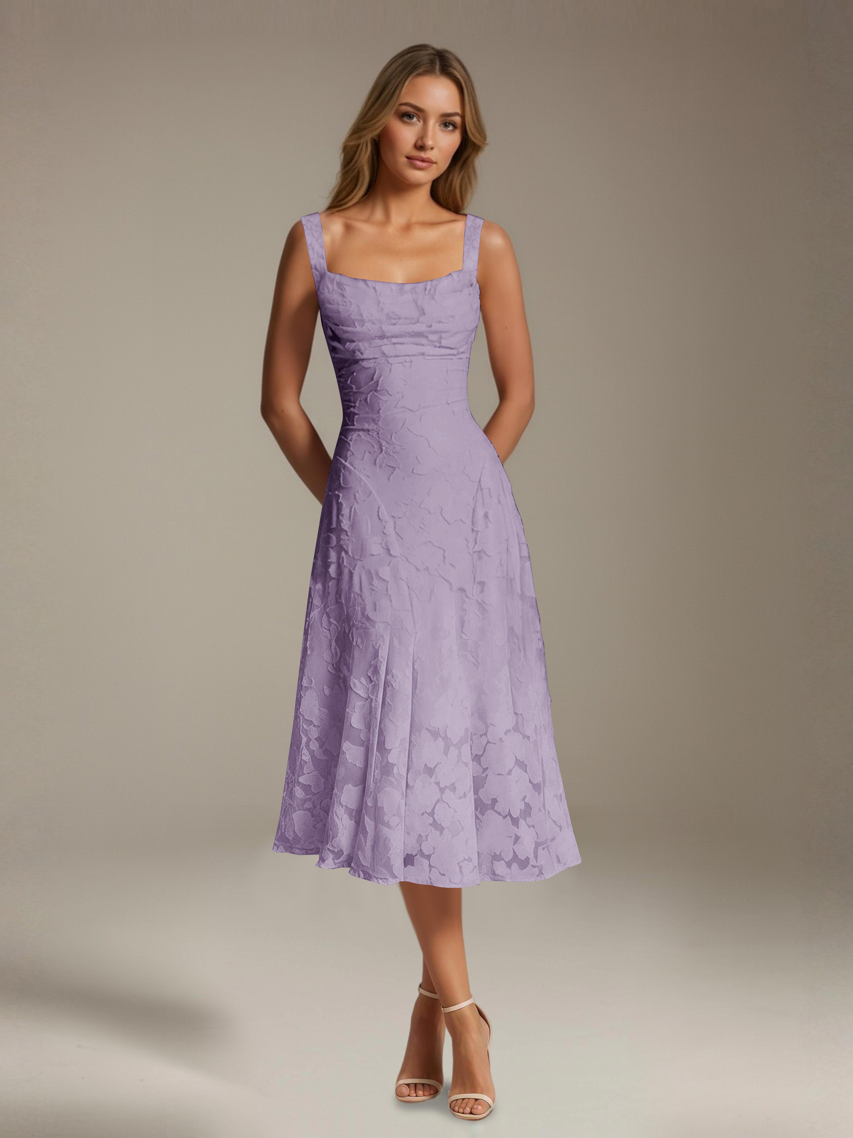 Robe de cérémonie A-line dentelle florale col carré longueur thé