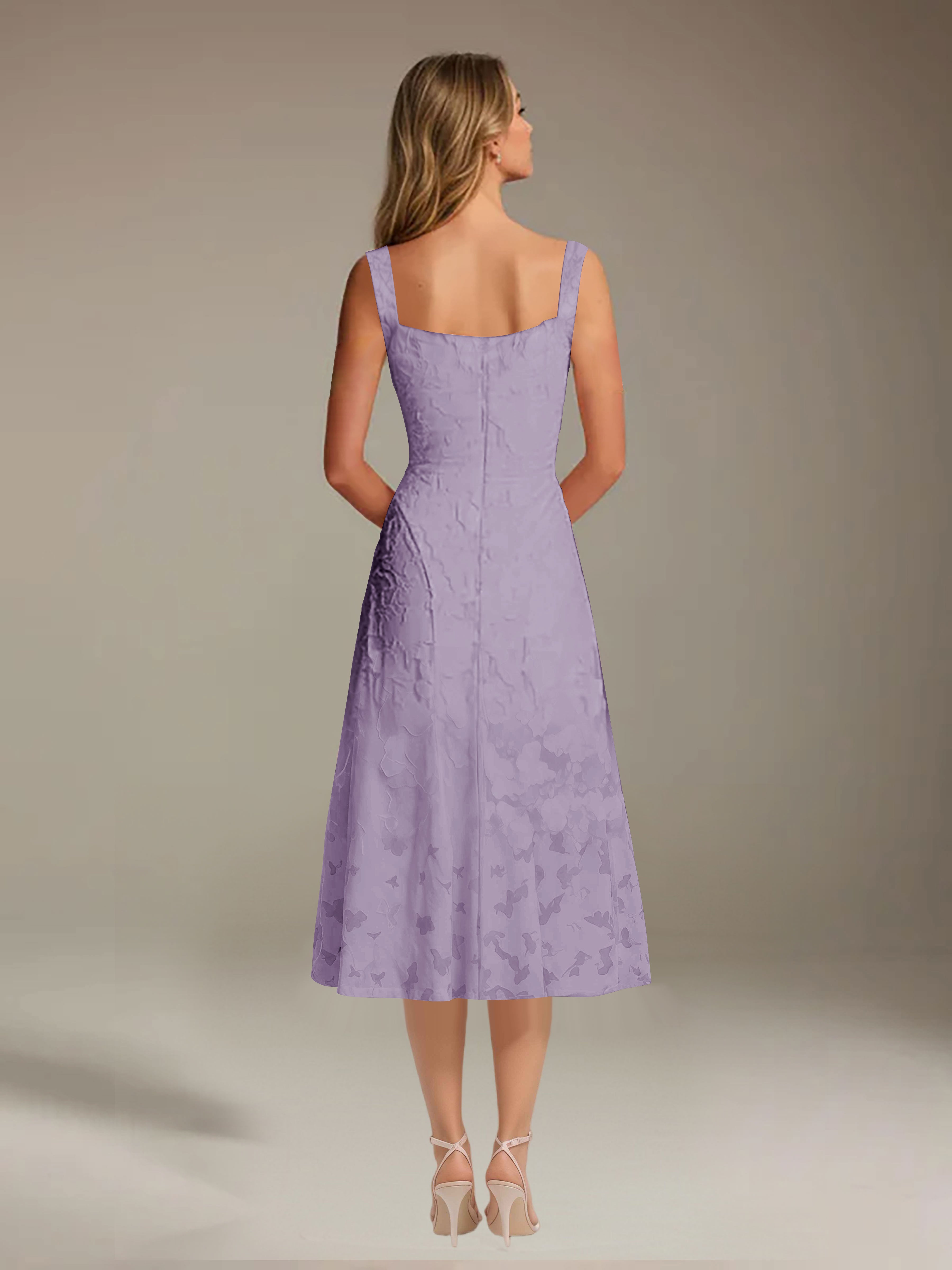 Robe de cérémonie A-line dentelle florale col carré longueur thé